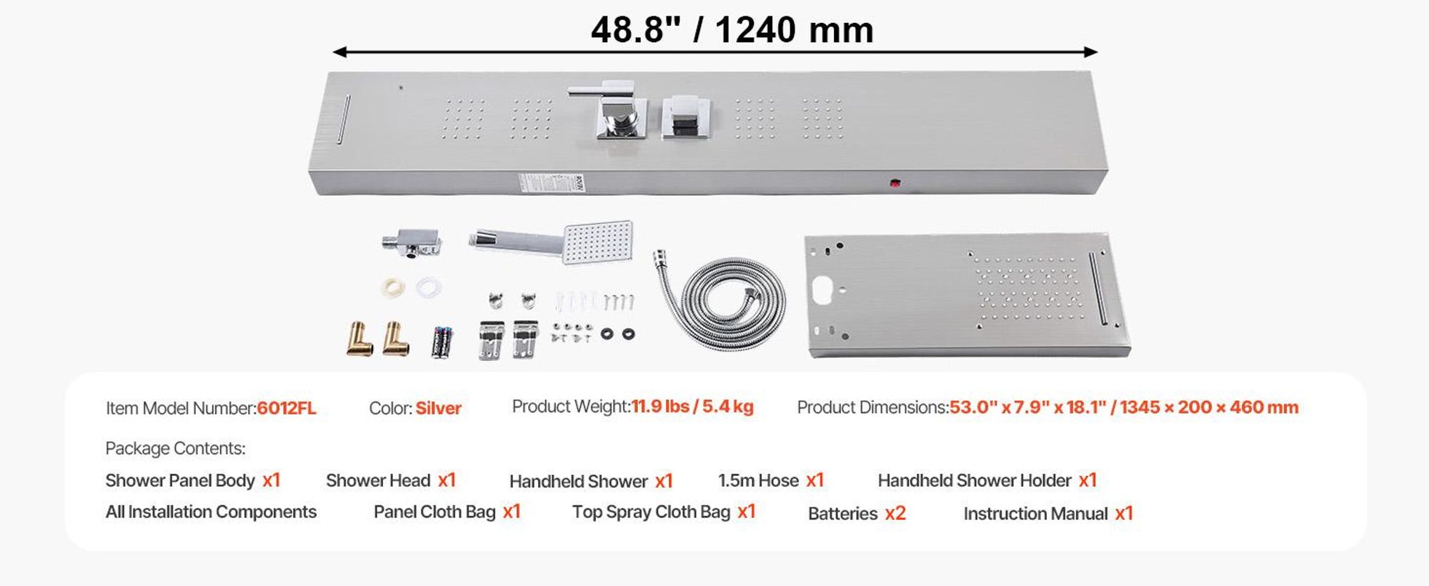 VEVOR Duschpaneel-Turmsystem (5 Modi) mit Regenwasserfall-Duschkopf & LED, (1345