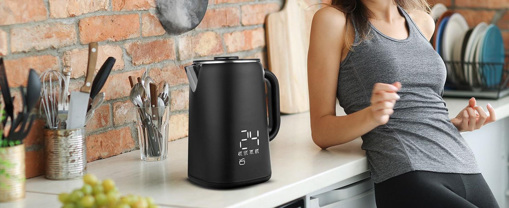LEHMANN Bollitore Elettrico 1,7L, Regolazione della temperatura 45-100 °C, Mantenimento in caldo, senza BPA, Nero opaco