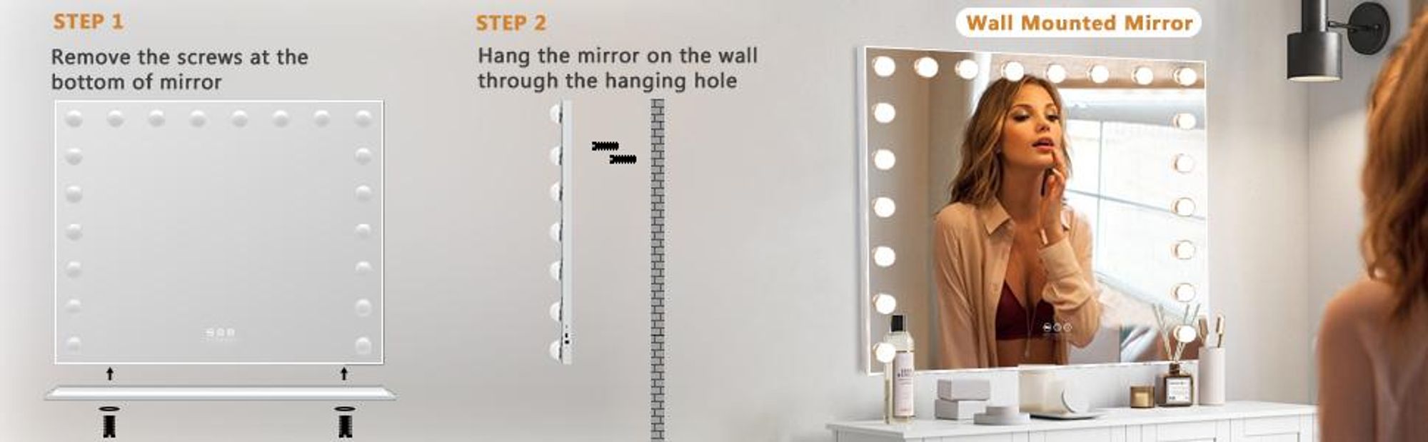 VANITII Hollywood Schminkspiegel 100cm x 80cm mit Beleuchtung 20 Dimmer Leuchten 3 Lichtmodus Kosmetikspiegel für Badzimmer Schminktisch Weiß