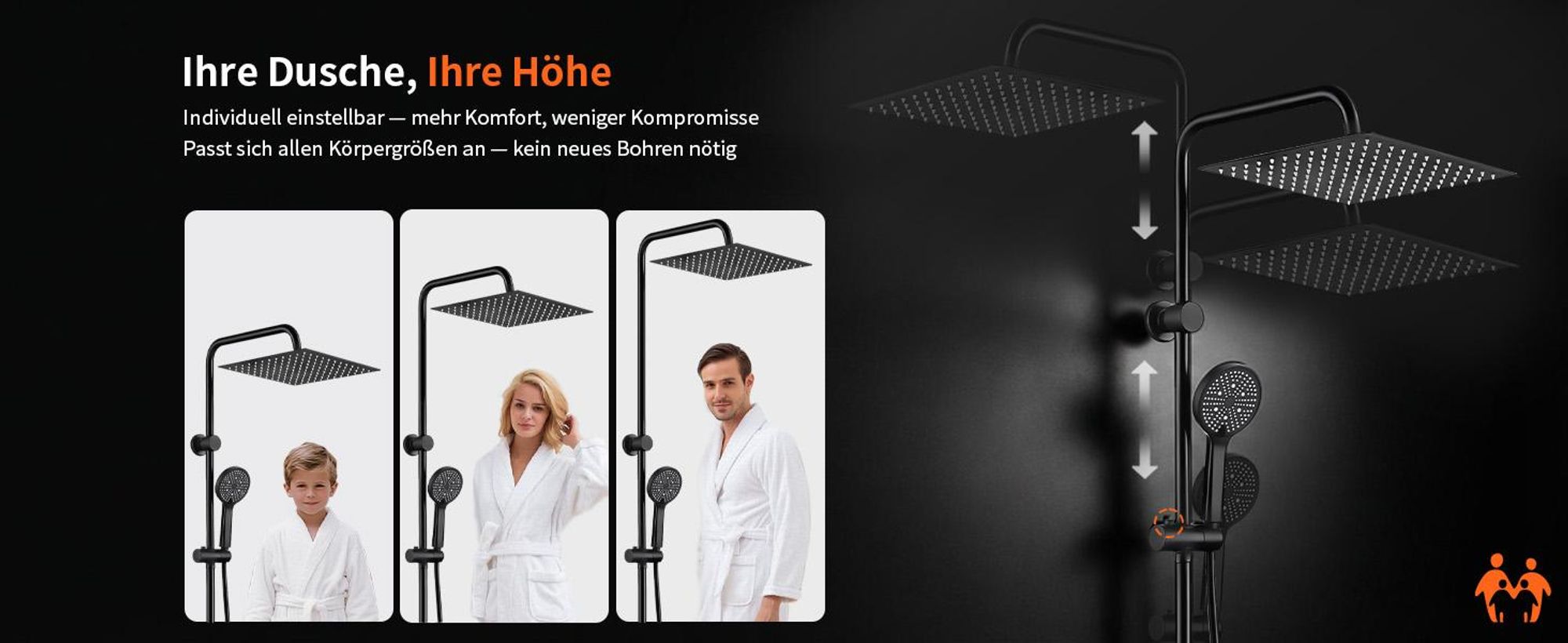 Homelody Duschsystem ohne Armatur, Duschset Duschsäule mit SUS304 Edelstahl Duschablage 30cm kopfbrause & Handbrause Quadratisch 5 Strahlarten Schwarz
