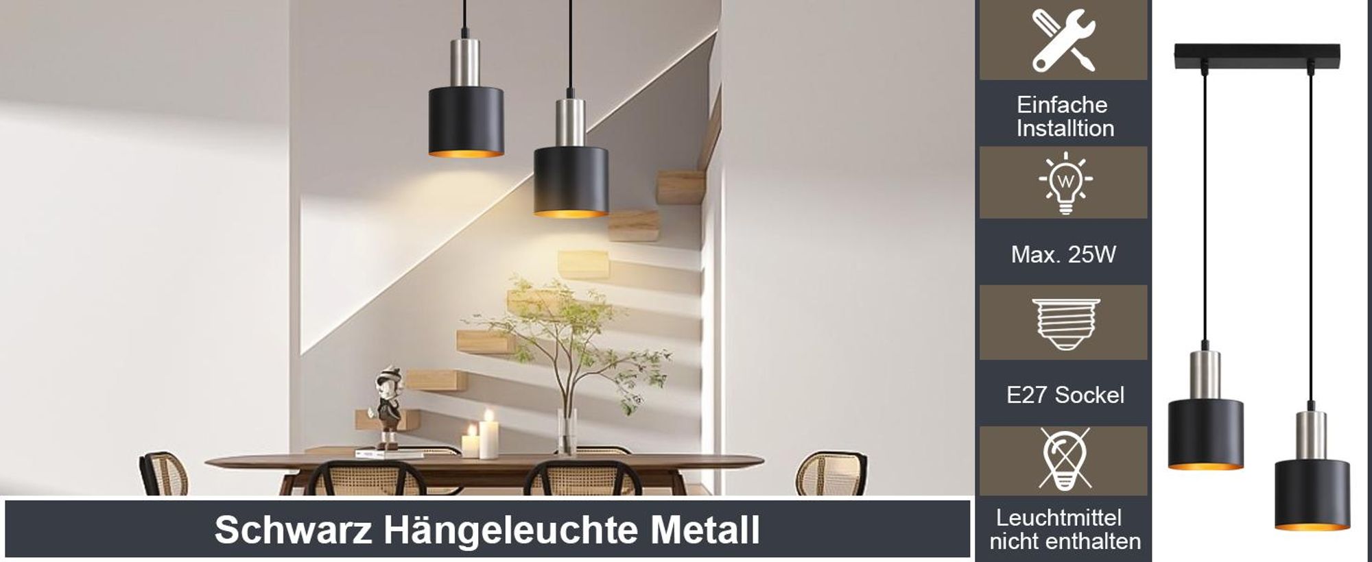 ZMH Lampe suspendue table à manger E27 Lampe de cuisine suspendue 2 flammes Lampe de salle à manger noire or Lampe à suspendre cuisine îlot Sans ampoules