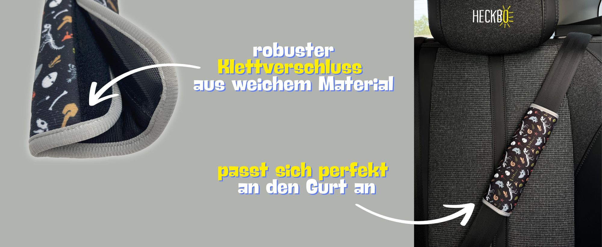 1x HECKBO Kinder Auto Gurtpolster Gurtschutz mit Dinosaurier Dino Skelett Motiv - Sicherheitsgurt Polster für Kinder und Babys- Ideal für jeden Gurt Autositzerhöhungen Kinder Fahrradanhänger Flugzeug
