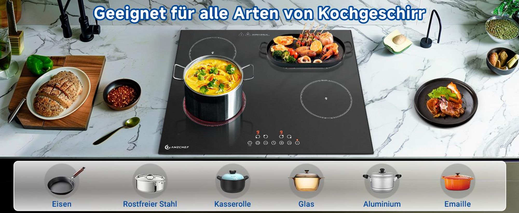 AMZCHEF Glaskeramikkochfeld 60 cm, 4 Zonen, 7200 W, 9 Leistungsstufen, Dual- & Ovalzone, Touch-Control, Timer, Kindersicherung