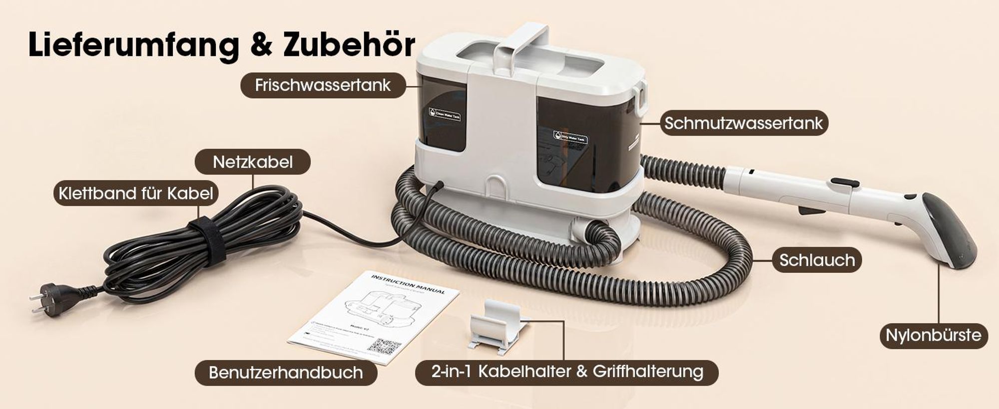 Lubluelu V2 Teppichreinigungsgerät Teppichreiniger Waschsauger Fleckenreiniger 600 W, 16000pa Saugkraft, für Sofas, Teppiche, Autositze inkl. Zubehör