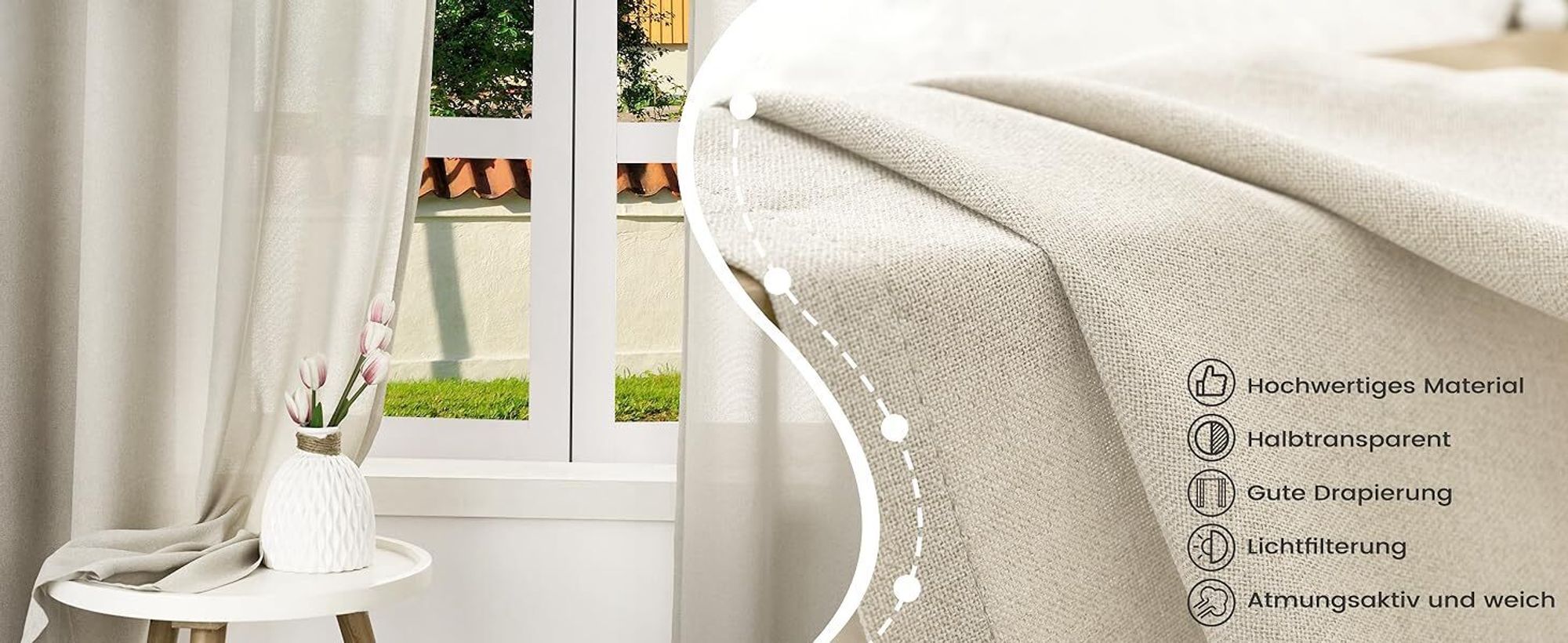 WOLTU Gardinen mit Ösen Leinenoptik Halbtransparent Voile Modern, 135x245cm Sand