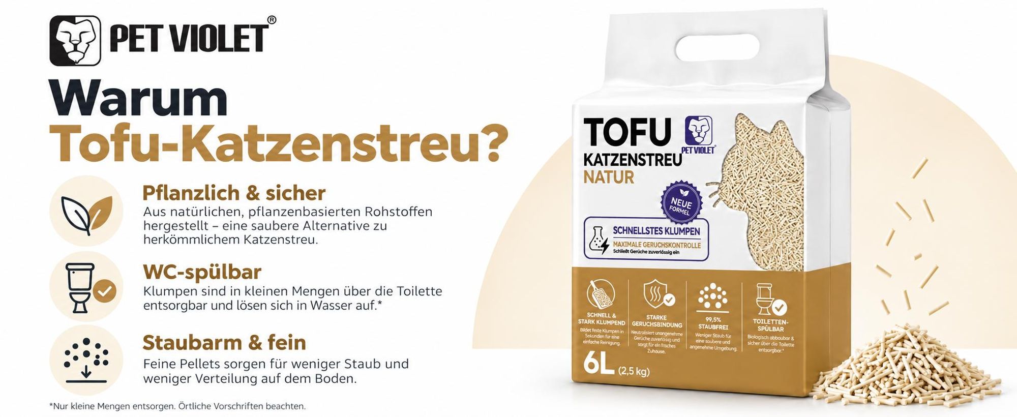 PET VIOLET Tofu Katzenstreu Natur – pflanzenbasiert, staubarm und WC-spülbar