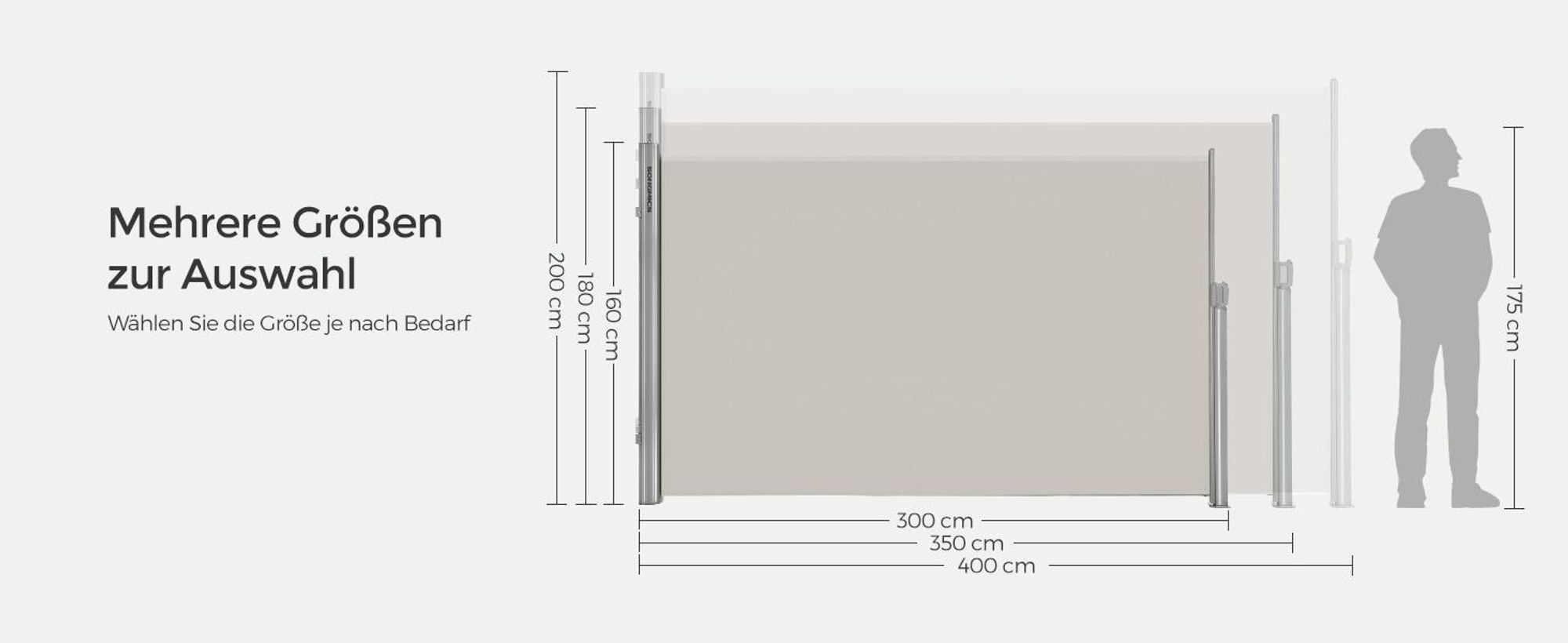 SONGMICS Alu Seitenmarkise 200 x 400 cm 280 g/m² ausziehbar Sichtschutz, Sonnenschutz für Balkon & Terrasse Beige GSA204E01