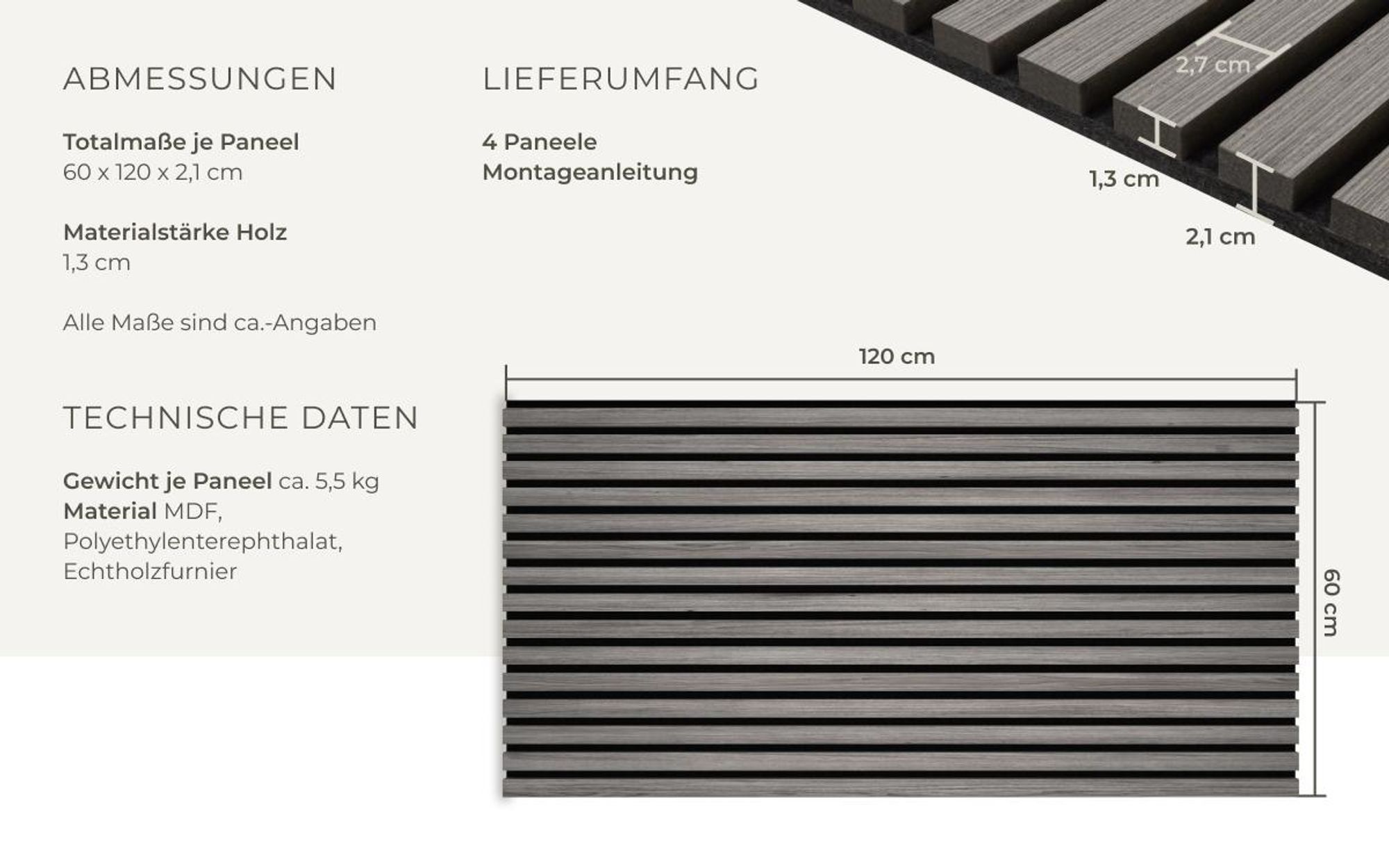 tectake® Akustikpaneele Sonic Wall Holzoptik in Eiche hellgrau je 60 x 120 x 2,1 cm, Größe flexibel anpassbar