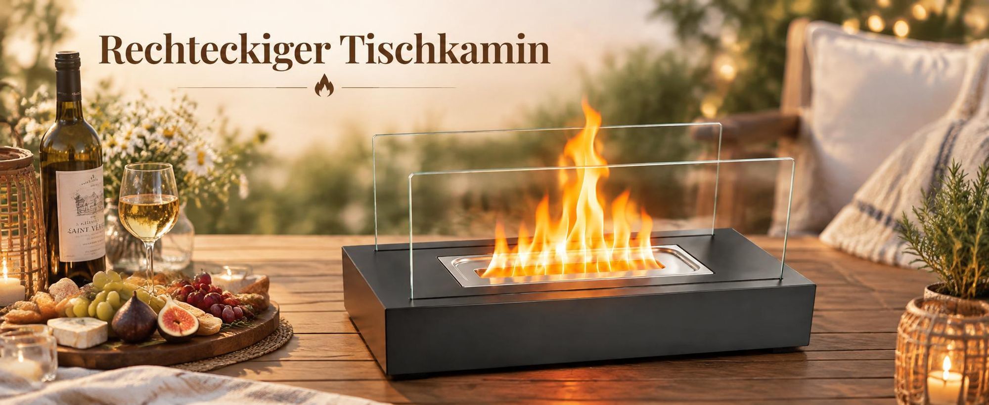 ZMH Rechteckiger Bioethanol Tischkamin Schwarz 35cm 250ml Edelstahl Glaskamin Indoor Outdoor Tisch Dekofeuer Glasfeuer Kaminfeuer