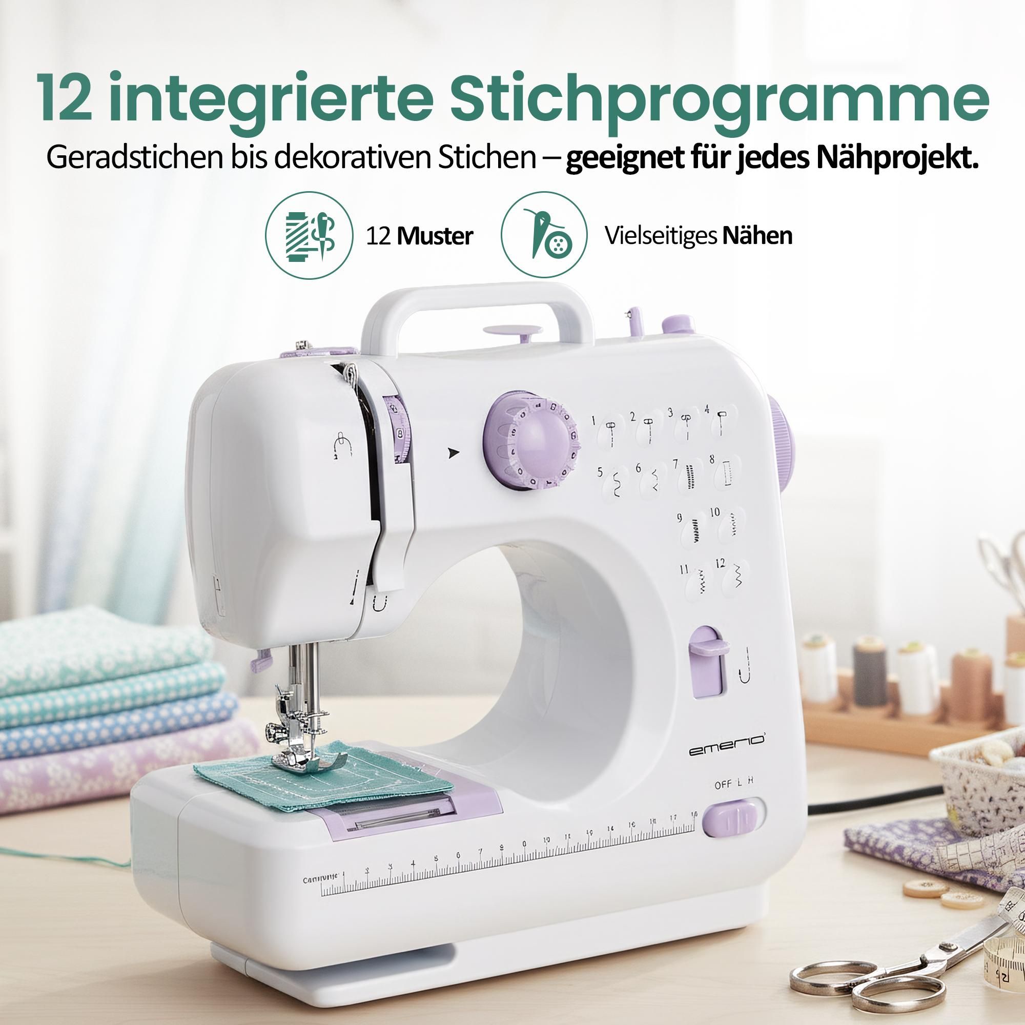 Emerio Nähmaschine – 12 integrierte Stichprogramme – Vorwärts- & Rückwärtsnähen – Auto-Reverse – Fadenabschneider – Beleuchtung – SEW-121820