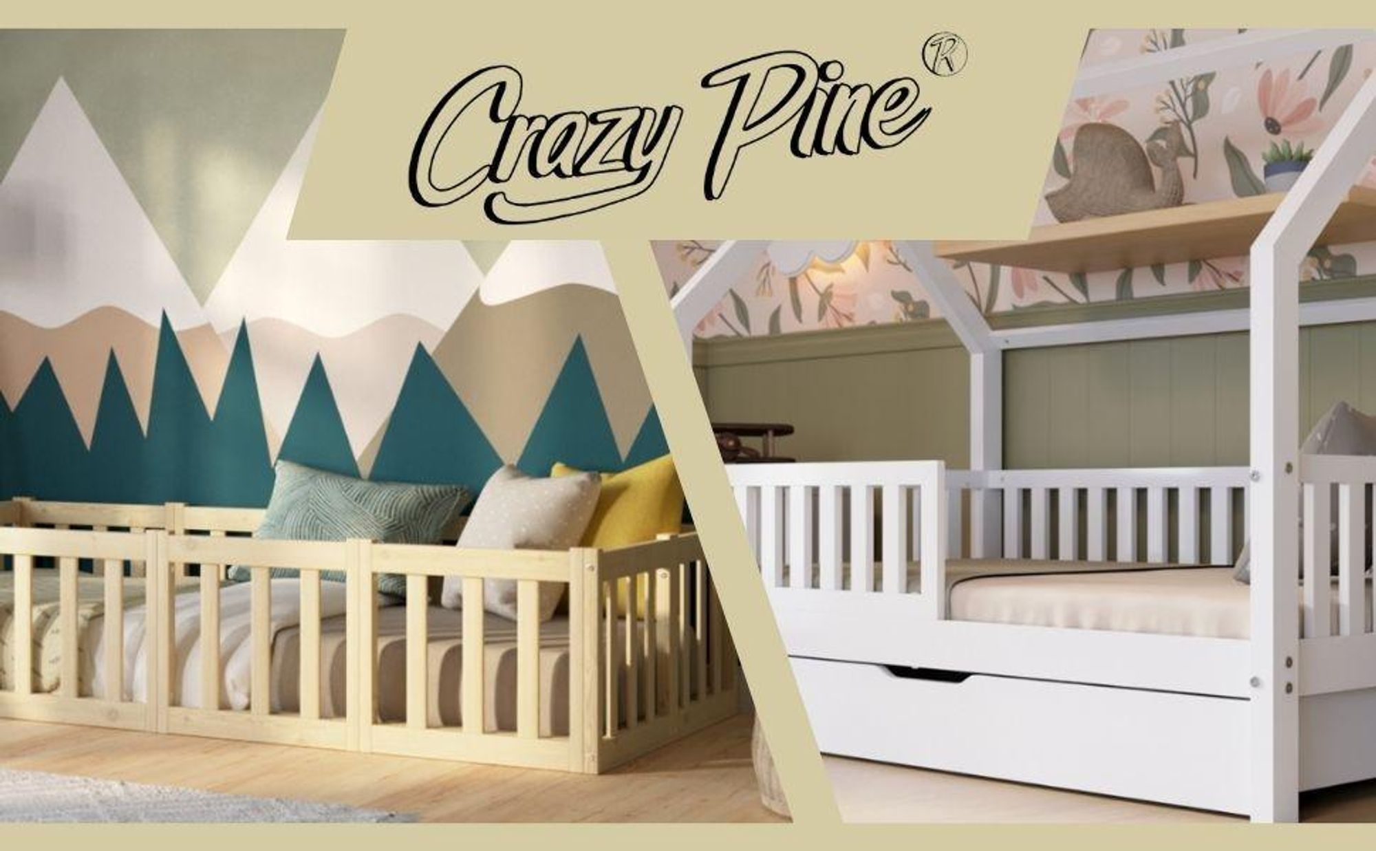 Crazy Pine Letto per Bambini 140x200 cm – Letto Montessori Bianco da Pavimento in Legno – Barriera Apribile 40 cm – Crazy Johnny