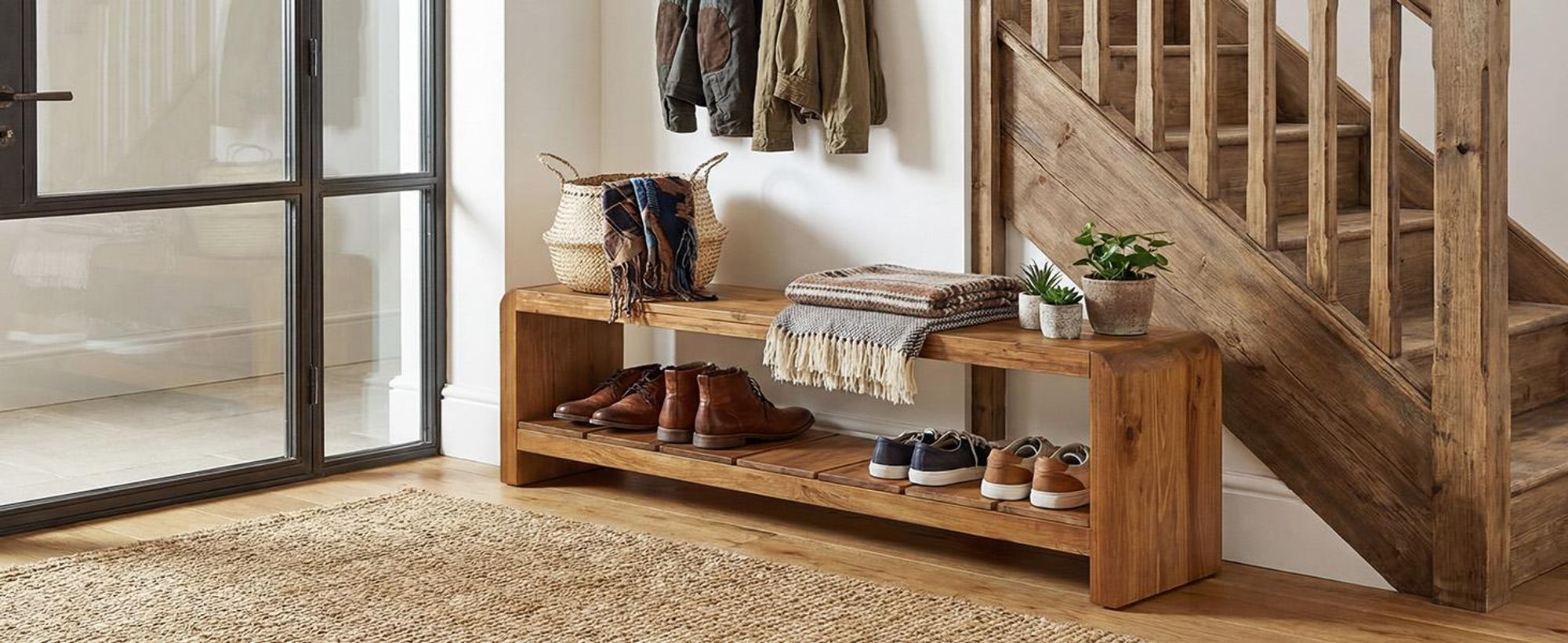 Tribesigns Massivholz Flurbank, 150 cm Lange Schuhbank mit offenem Ablagefach, Landhaus Sitzbank für Flur, Diele, Schlafzimmer, Walnuss Braun
