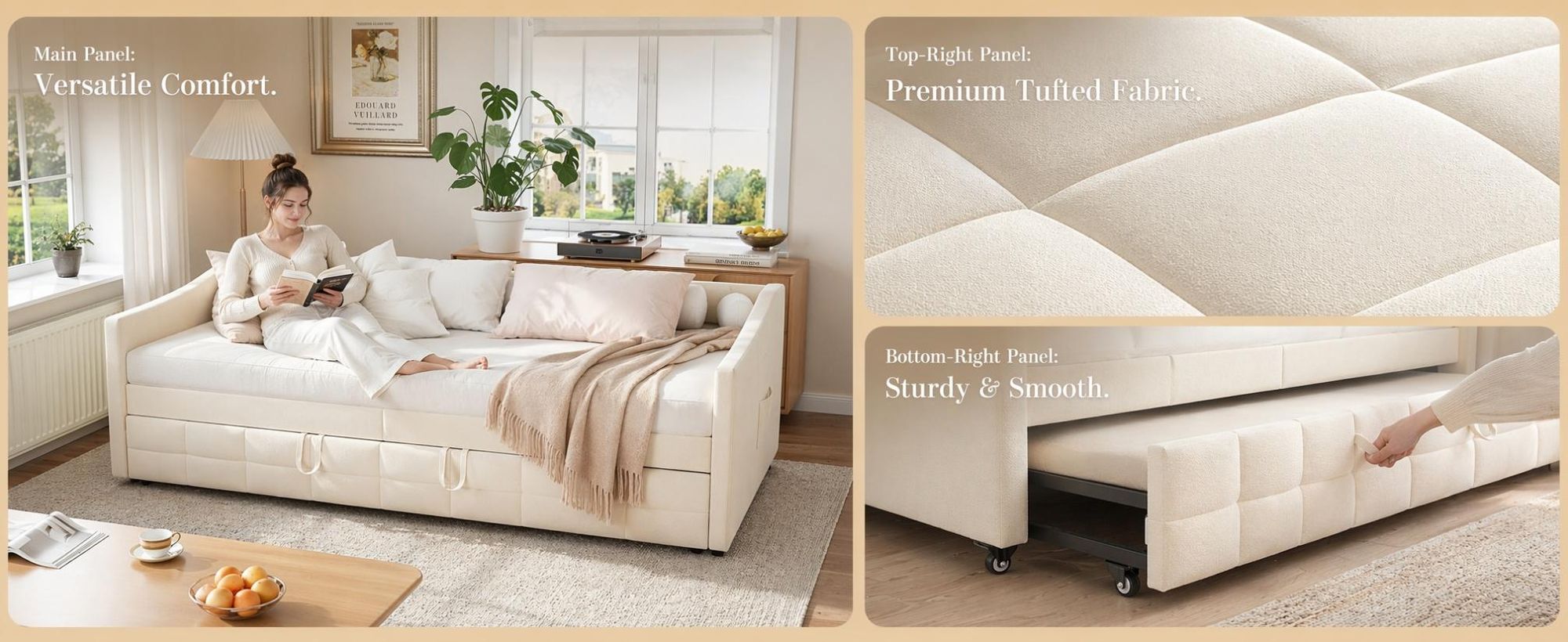 INONEFT Polsterbett Schlafsofa 90x200cm mit Ausziehbett ,Tagesbett mit Lattenrost und Armlehnen,Jugendbett,Samt, Beige