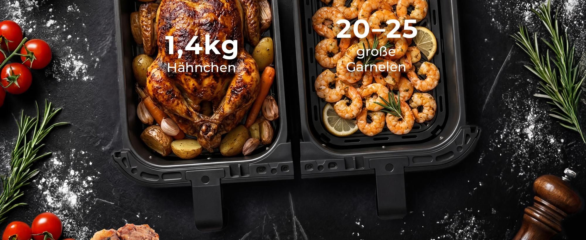 Balter Heißluftfritteuse XXL 9L Doppelkammer mit Sichtfenster, 2400W, ohne Öl, 10 Programme, Dual Zone-Sync Finish, Touch-Display, Edelstahl, Schwarz