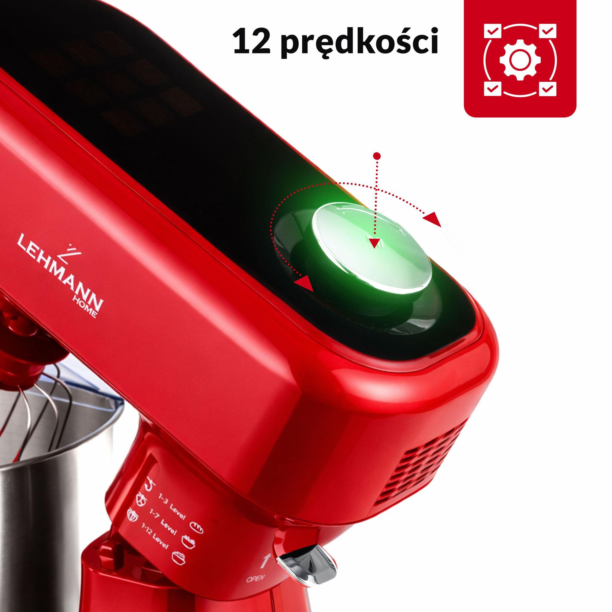 Lehmann Aristo Czerwony – Robot kuchenny 1500W, misa 5L, 12 biegów, wyświetlacz LCD, funkcja fermentacji, waga, BPA Free, 4 programy, LHOPM-1505-F