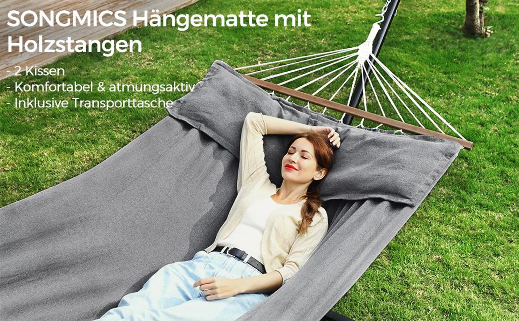 SONGMICS Hängematte, 210 x 150 cm, mit 2 Kissen, bis zu 300 kg belastbar, grau