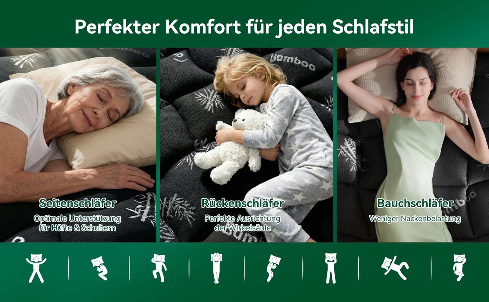 NicePlus 2-in-1 Topper, 120x200X7cm, 5-Zonen Memory Foam + Bambus-Pillow-Top, mit Eckgummis für alle Matratzen, H2/H3, Schwarz