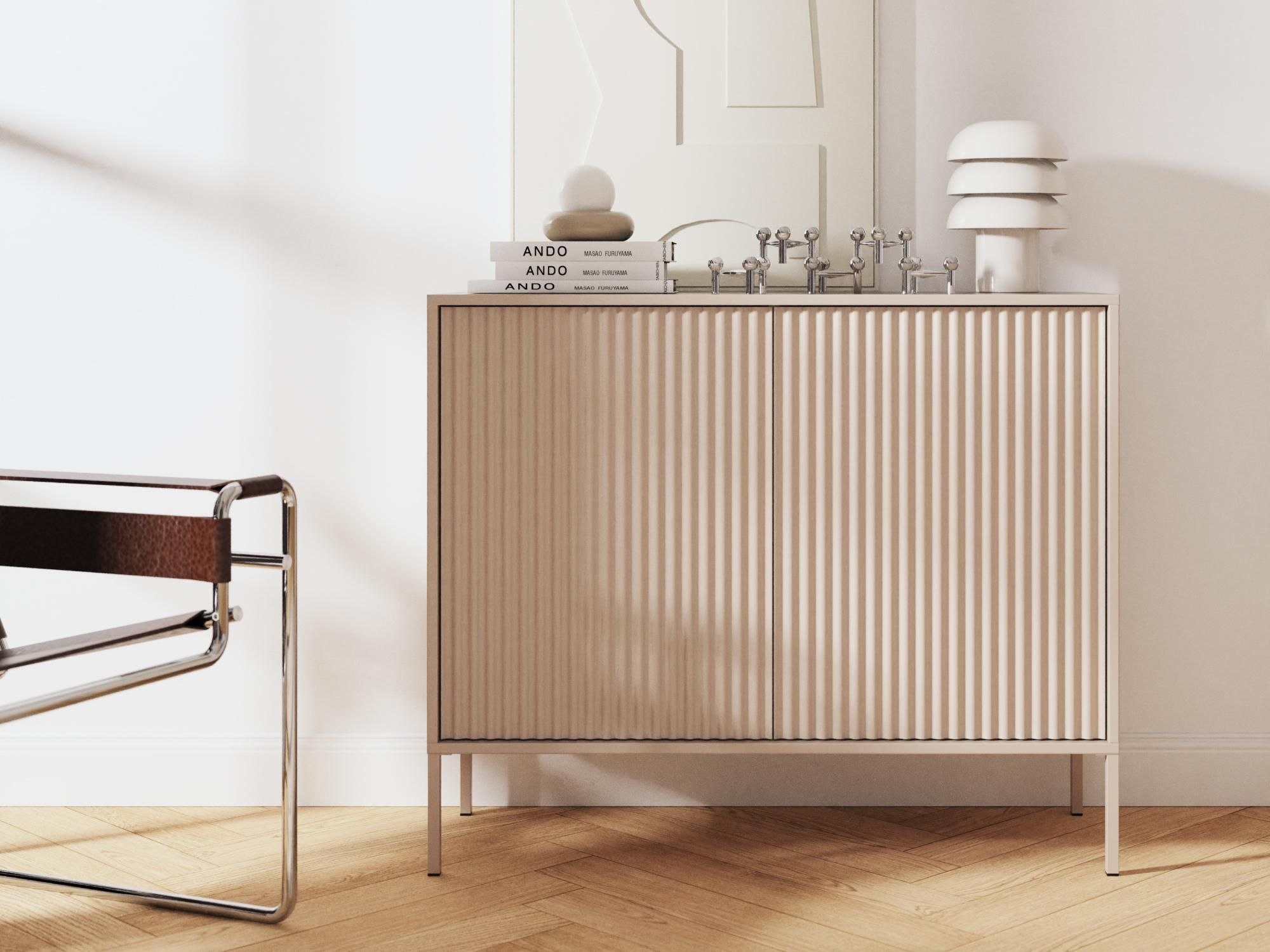 BEAUTYSOFA | Kommode NOTO 100 cm Kaschmir, Wohnzimmer Schrank mit 2 Türen und geriffelten Fronten, Push-to-Open