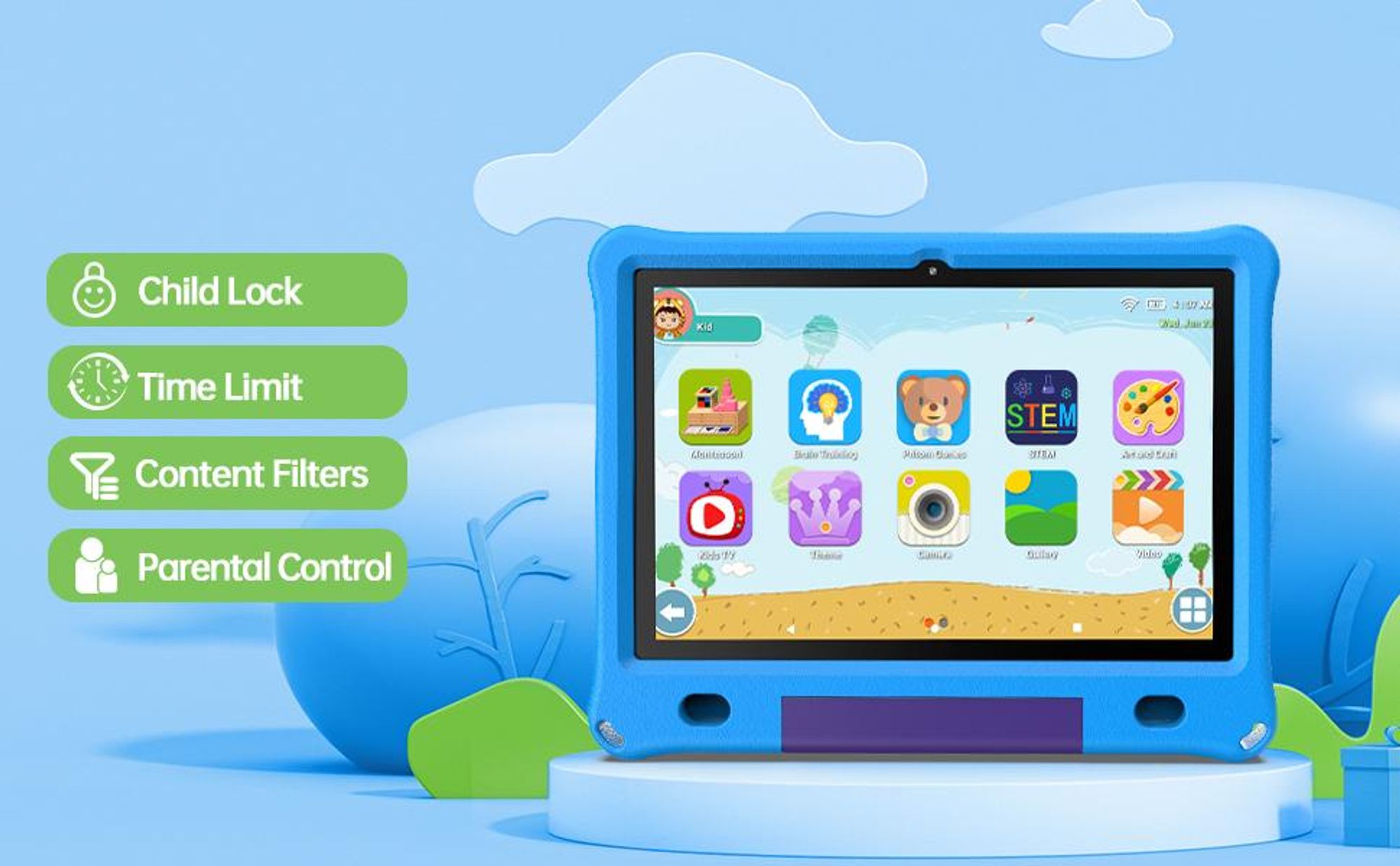 Pritom 10,1 Zoll Kinder-Tablet Android 15 WIFI 6 Quad-Core-Prozessor 3 GB RAM 64 GB ROM YouTube mit EVA-Schutzhülle