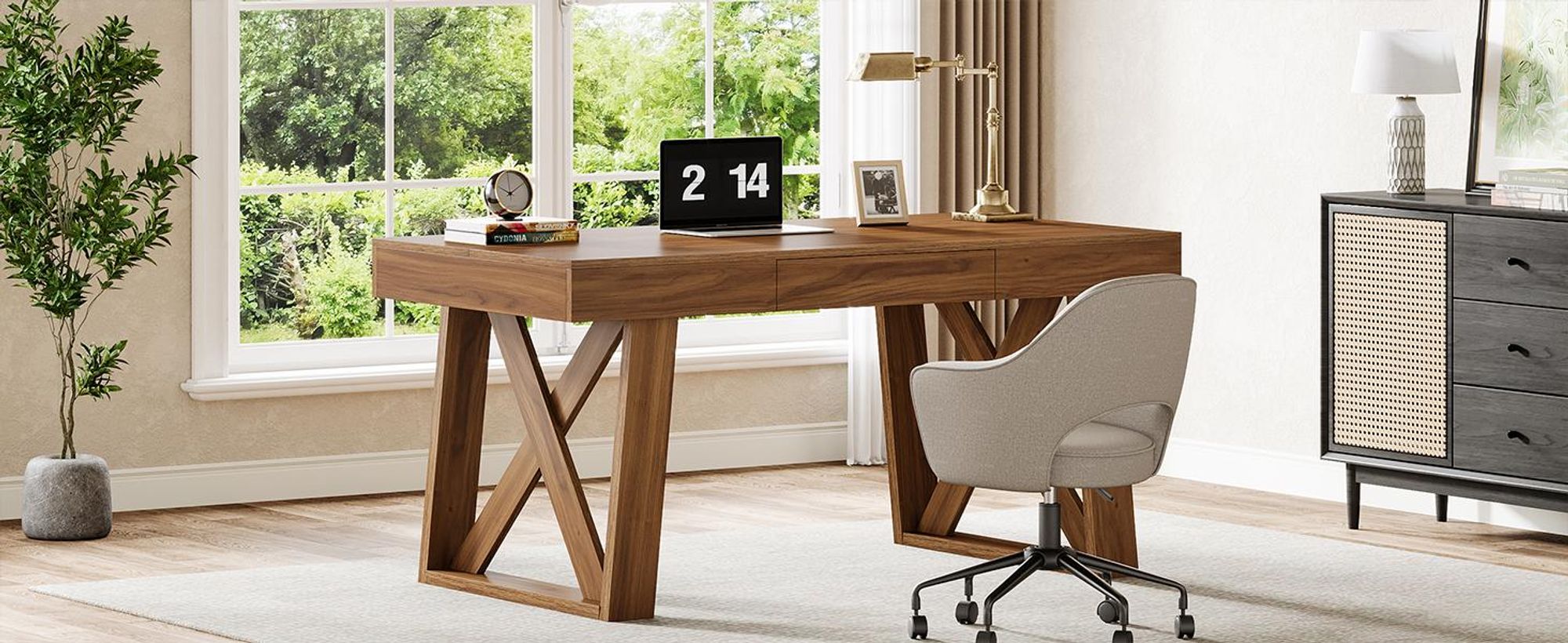 Tribesigns Schreibtisch 140 cm mit Schublade - Retro Brauner Computertisch, Homeoffice Bürotisch Holztisch für Büro & Gaming, Business Arbeitstisch