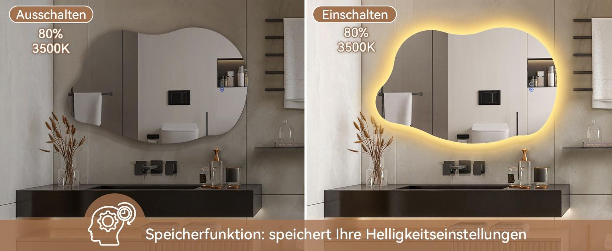 Puluomis Badspiegel 85x55 cm beschlagfrei mit 3 Farbe Beleuchtung, dimmbare Helligkeit, Badezimmerspiegel spritzwassergeschützt vertikal/horizontal