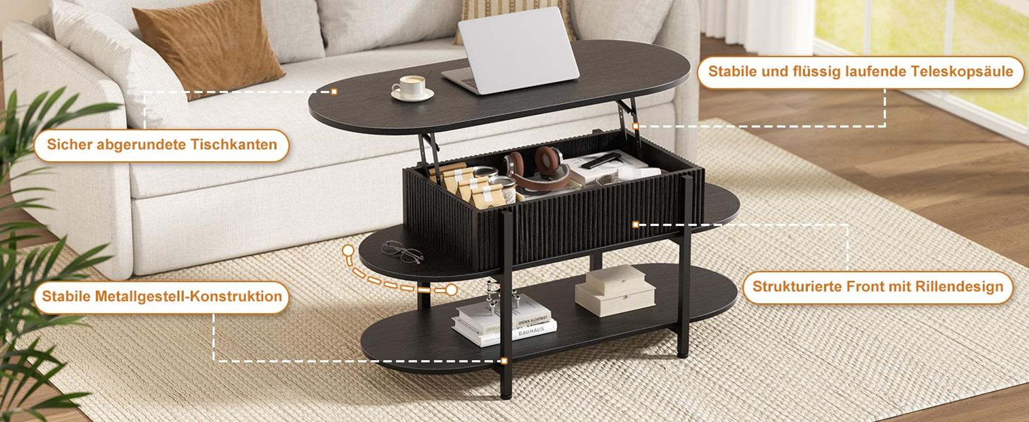 FABATO Couchtisch oval, höhenverstellbar mit verstecktem Stauraum, 3-Etagen-Design in Schwarz