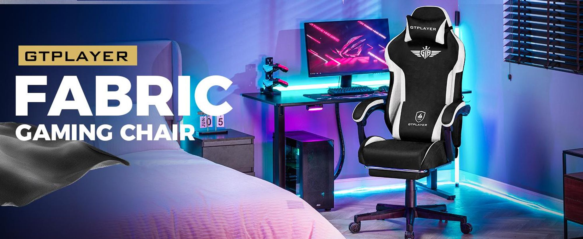 Chaise de jeu GTPLAYER, Chaise de jeu ergonomique en tissu avec soutien lombaire, Chaise PC avec dossier élargi, supporte jusqu'à 150 kg, BLK