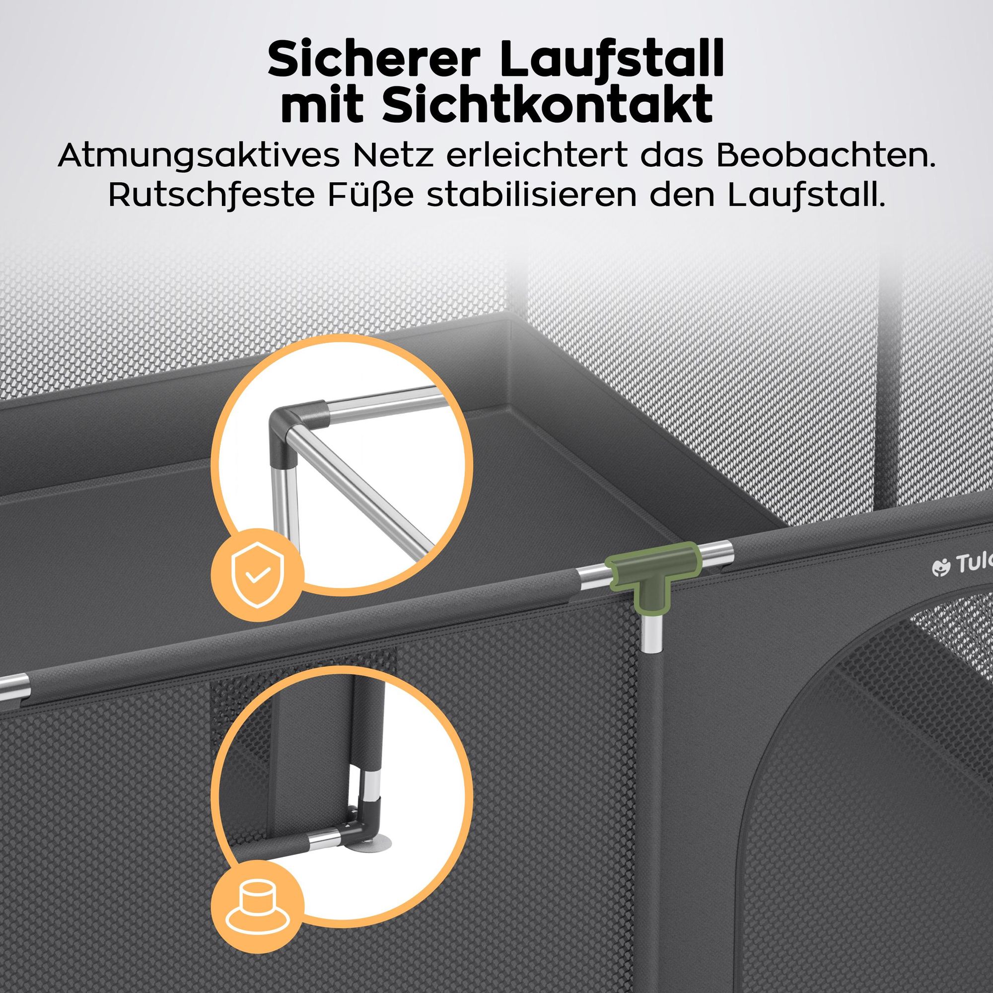 Tulano Cozy 25 Baby Laufstall 150x180 cm, faltbar, mit Reißverschluss, Metallrahmen, Netzseiten, BPA-frei, für Babys 6–36 Monate, Graphit