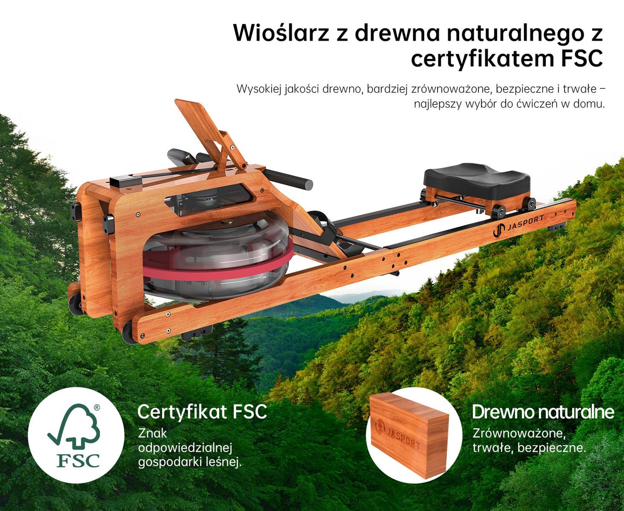 JASPORT R3 składany wioślarz z Bluetooth LCD, kompatybilny z Kinomap, zbiornik 28 L, obciążenie do 150 kg, kolor wiśniowy