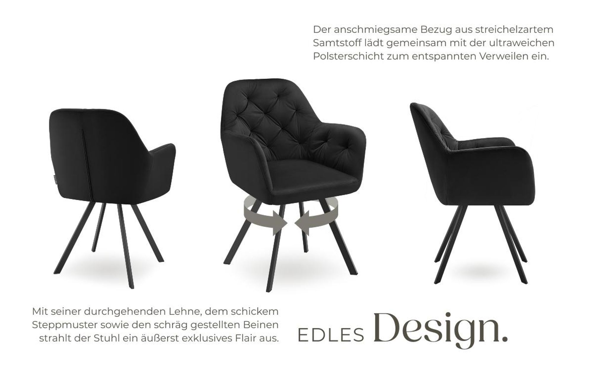 tectake® Drehbarer Samt-Armlehnstuhl Lucia gepolstert, mit Steppmuster 58 x 58 x 87 cm
