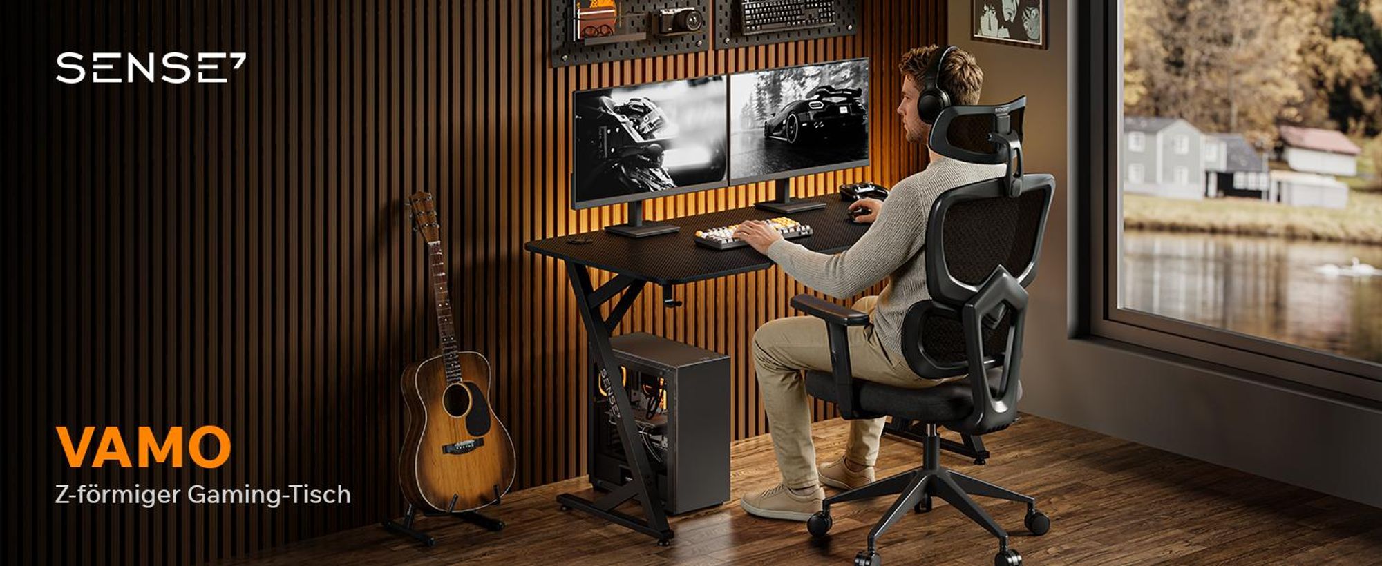 Sense7 VAMO Gaming Schreibtisch 140x70 cm Schwarz Computertisch PC Tisch Carbon Optik Z-Shape Gamer Tisch mit Getränkehalter Home Office Büro