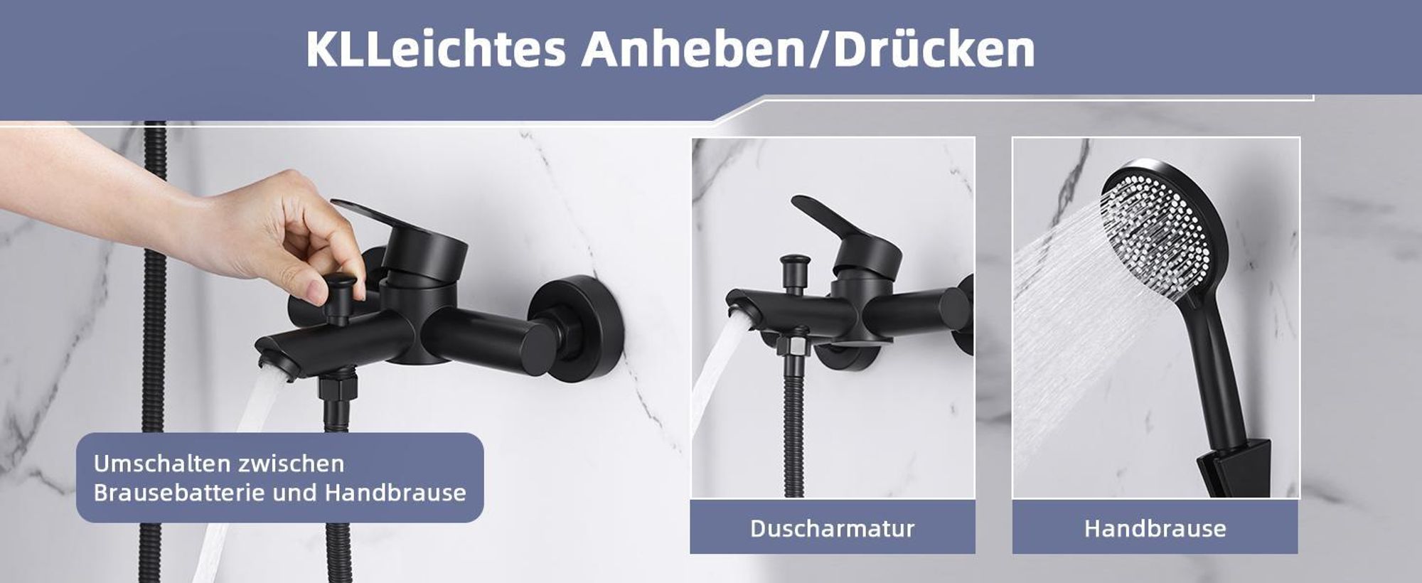 ZMH Wannenarmatur Schwarz mit Handbrause Mischbatterie Badewanne mit Brause Aufputz Wasserhahn mit Duschkopf 150mm Wandmontage Armatur 3 Funktionen