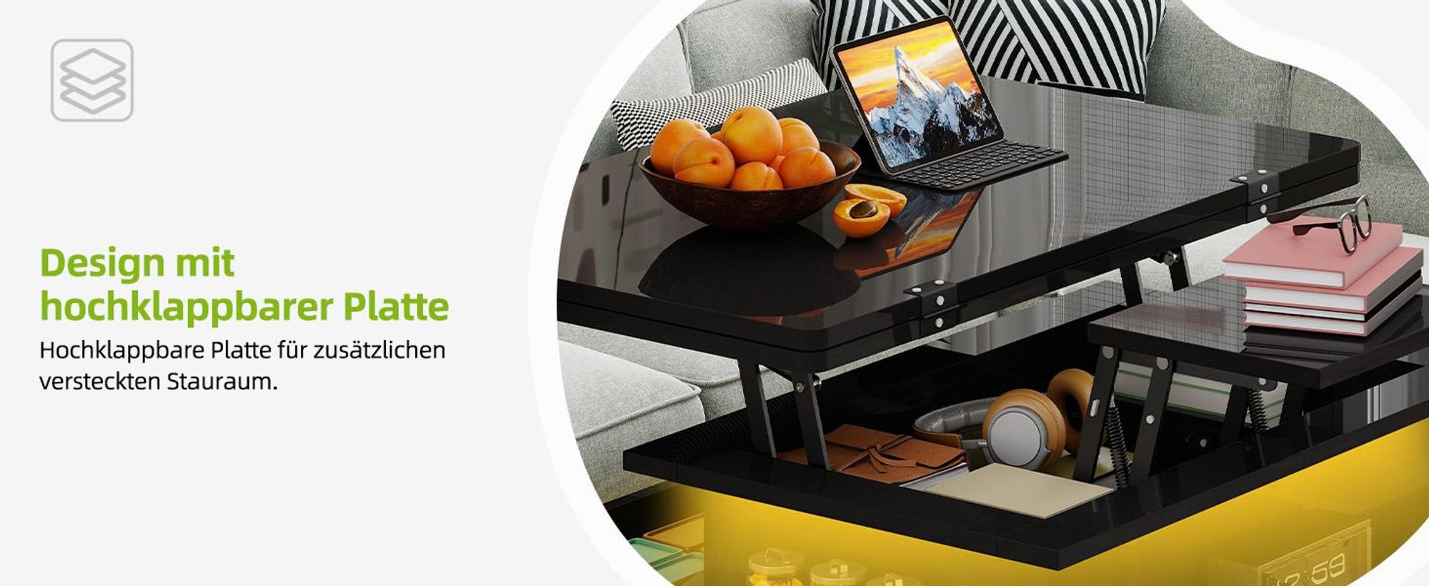 YITAHOME Couchtisch Wohnzimmertisch mit LED-Beleuchtung, Höhenverstellbar, Versteckte Aufbewahrung, 2 Schubladen, 85x55x42cm, Schwarz