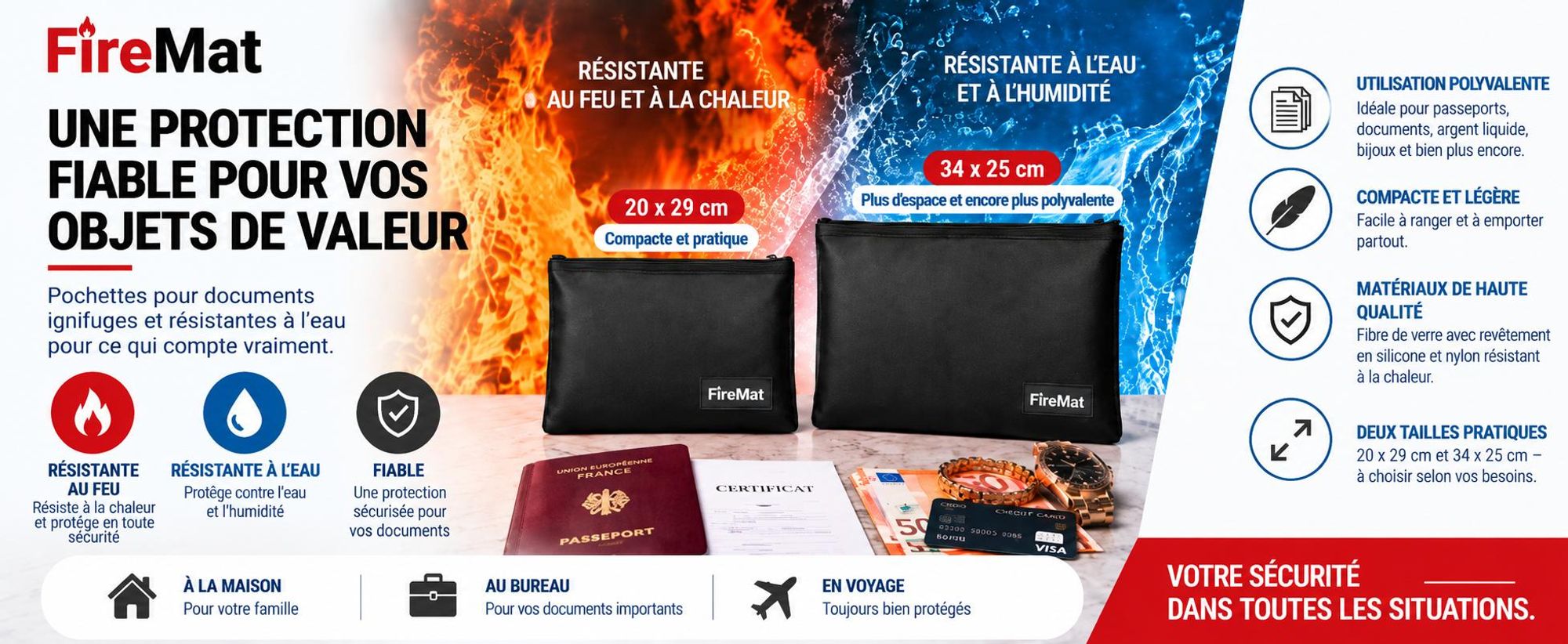 Pochette ignifuge et résistante à l’eau FireMat pour documents et objets de valeur.