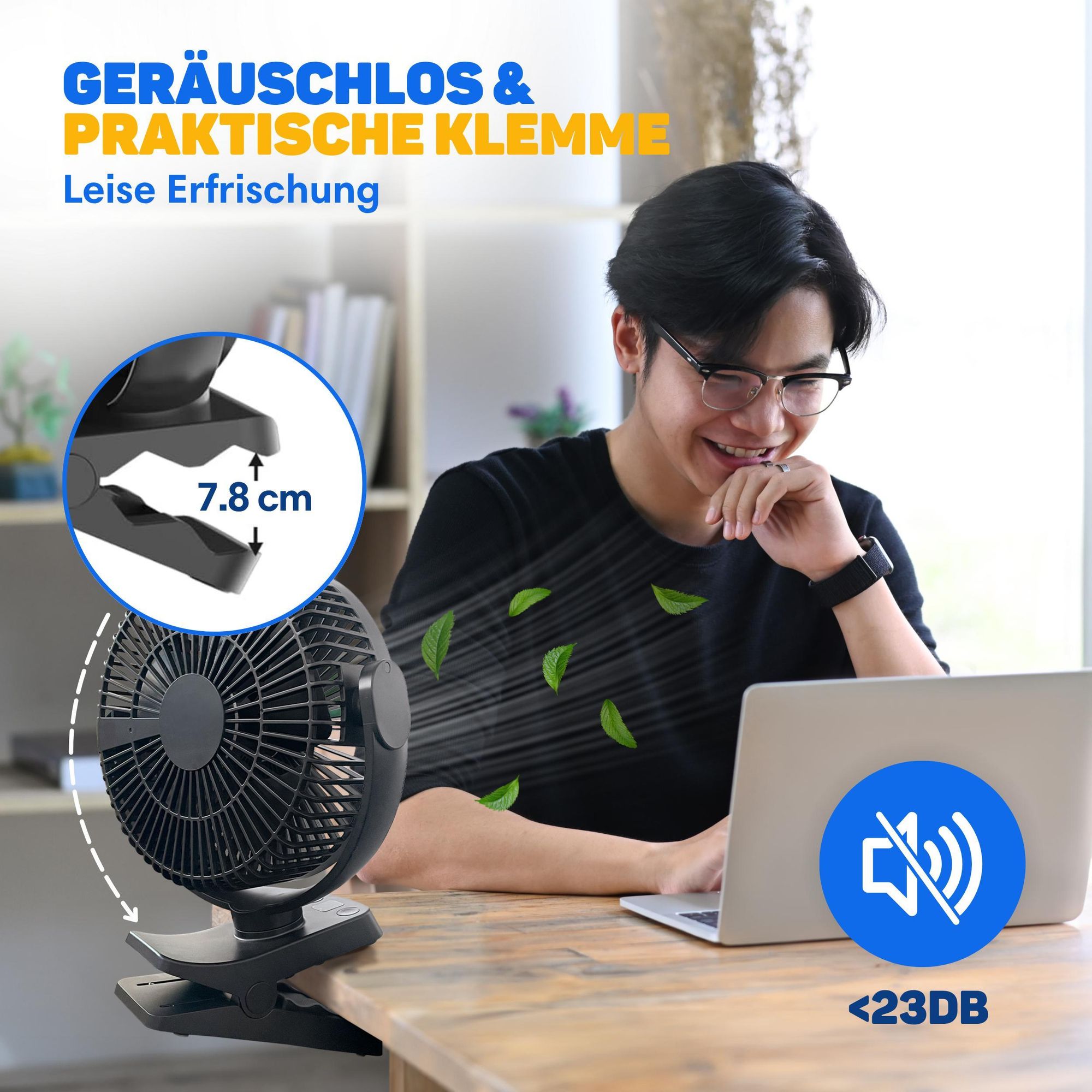 Vulpes Goods Tischventilator, wiederaufladbar und kabellos, leiser Ventilator mit Fernbedienung, 5 Geschwindigkeiten, Beleuchtung & Powerbank-Funktion