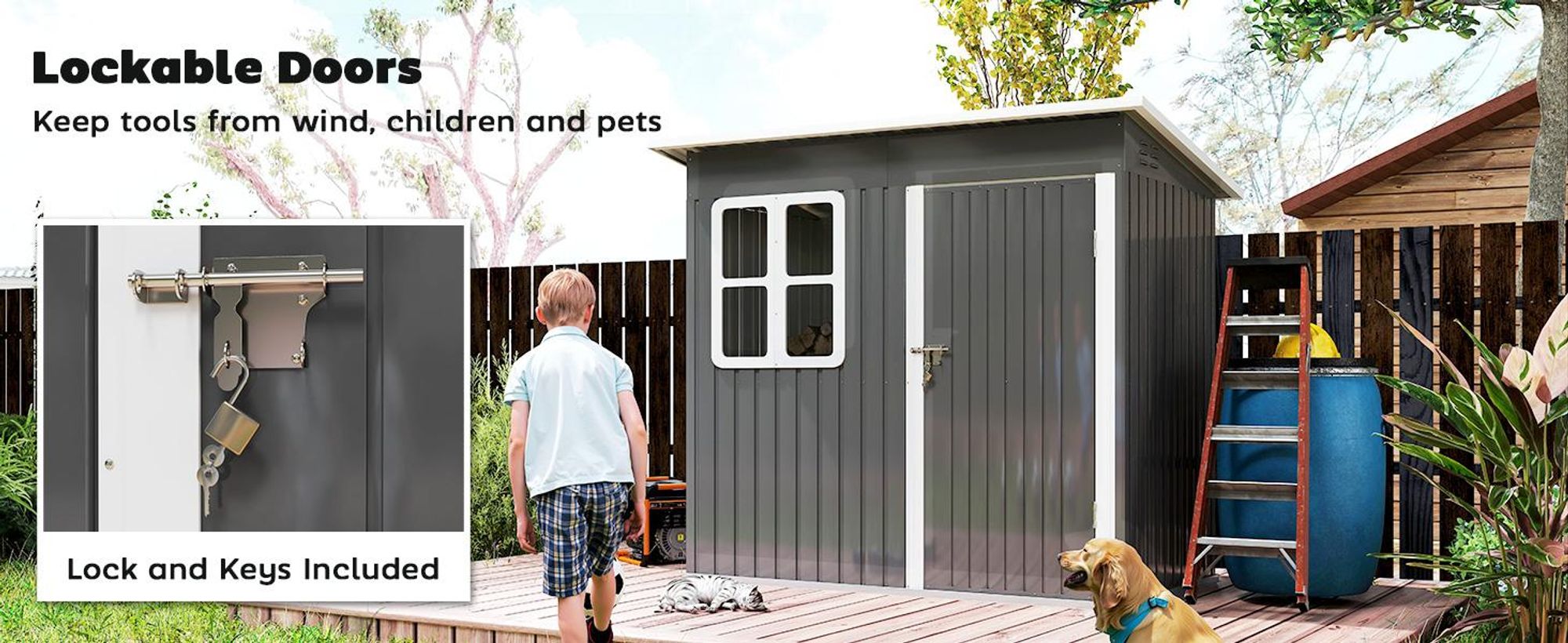 Szopa ogrodowa Outsunny 2,55 m², szopa ogrodowa ze spadzistym dachem, 221 x 133 x 190/173 cm, domek narzędziowy z zamykanymi drzwiami, oknem, garaż na rowery, stalowa szafka ogrodowa, do ogrodu, na podwórko, ciemnoszary