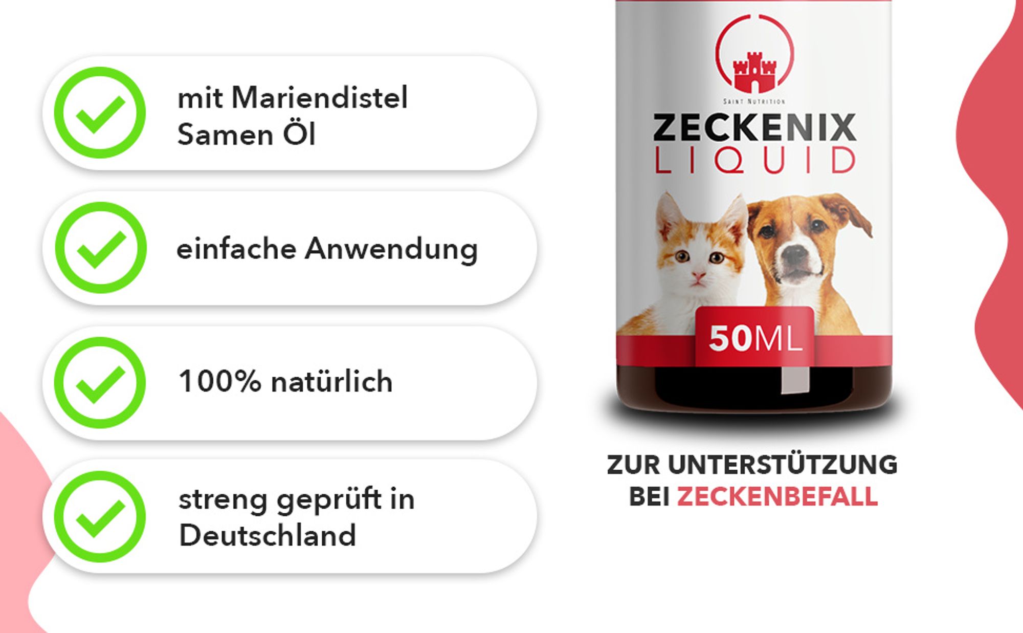 Saint Nutrition® Zeckenix Liquid – zum Schutz vor Zeckenbefall – für Hunde und Katzen – Zeckenschutz Hund – natürliche Formel – Zecken Hund - 50 ml