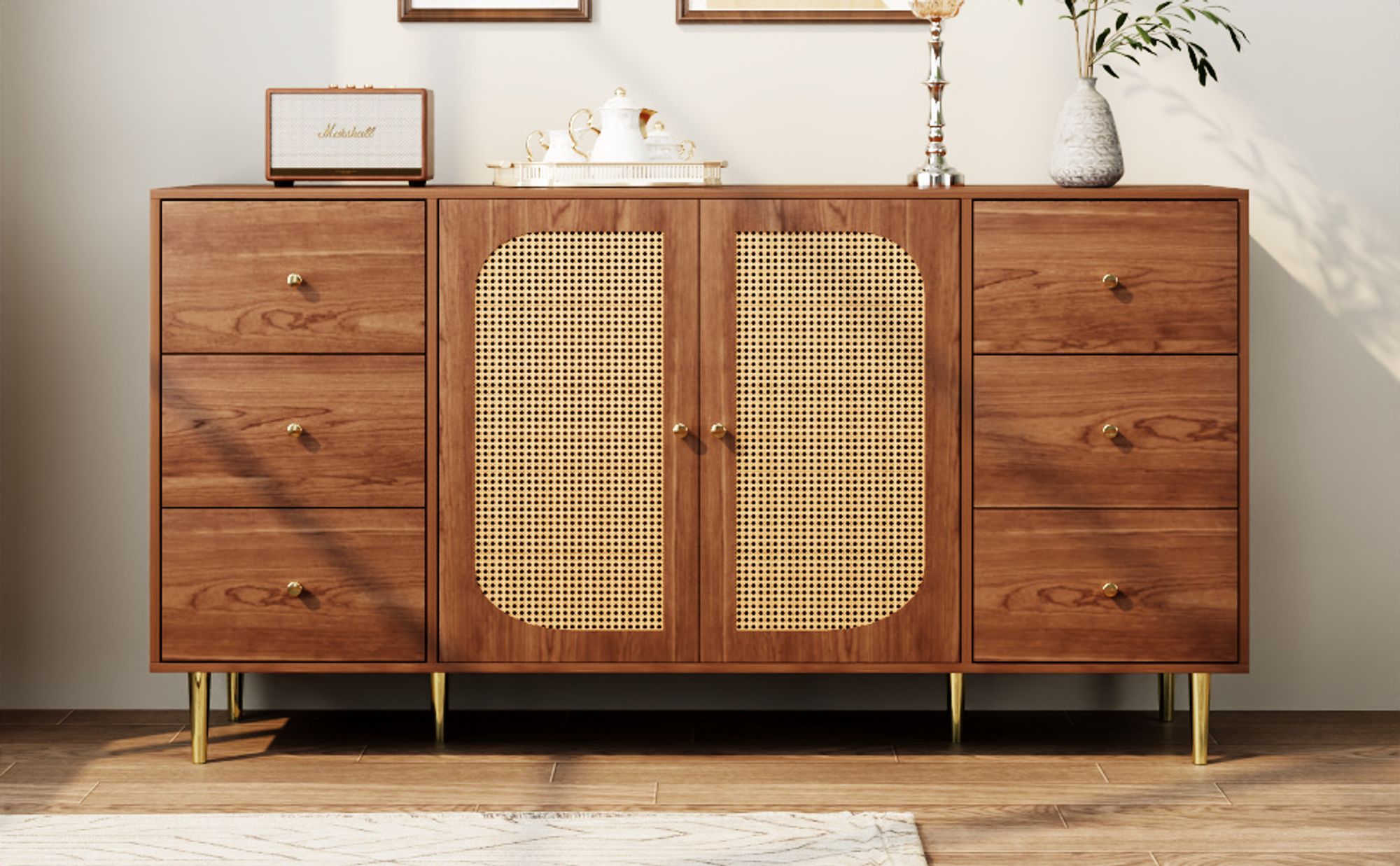 Flieks Kommode Rattan-Sideboard mit 2 Türen und 6 Schubladen, Wohnzimmerschrank 160x40x90 cm, Stehschrank TV Tisch, Holzfarbe