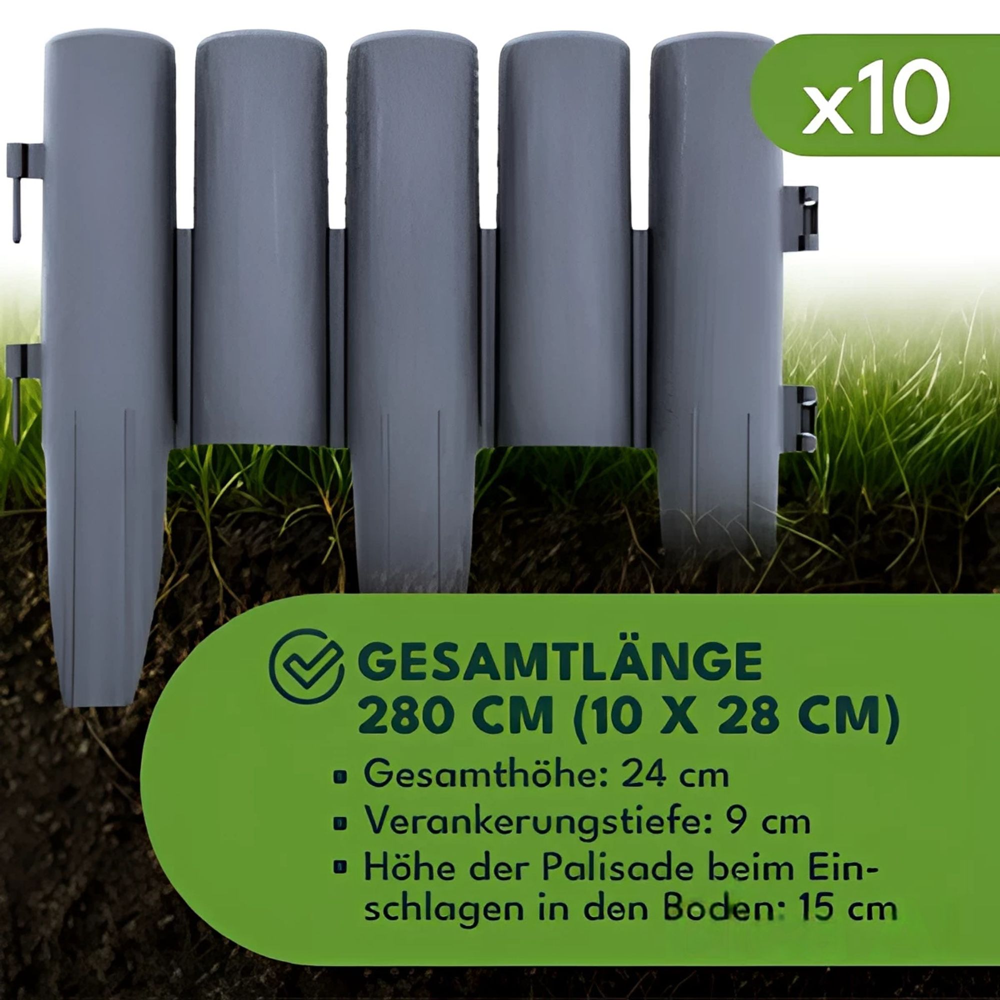 KRUMAD Rasenkante Kunststoff Holzoptik 10 Stück Set 2,8 Meter Höhe 24 cm Beeteinfassung Garten Flexible Beetumrandung Witterungsbeständig Grau