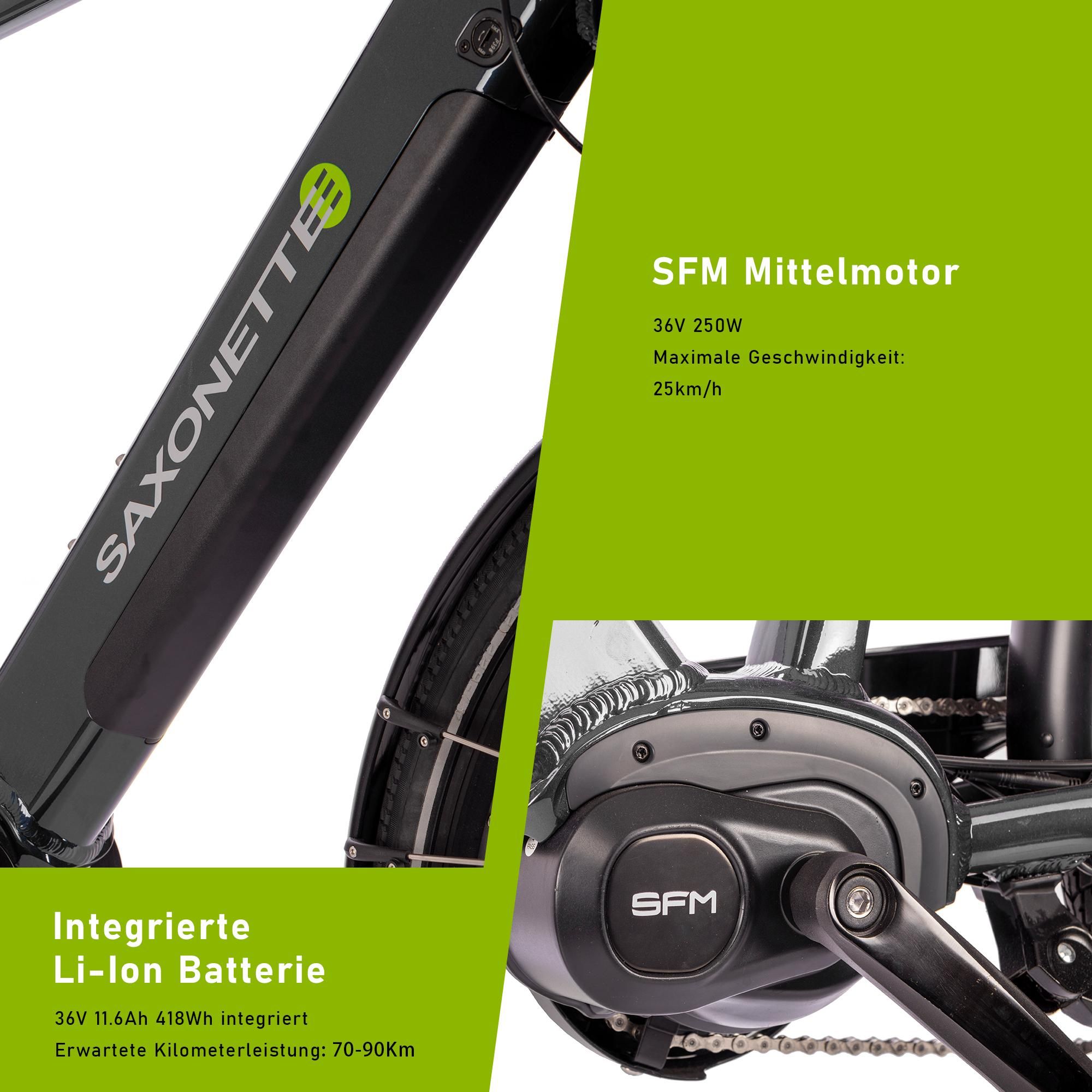 SAXONETTE E-Bike Deluxe Wave, 10 Gang, Mittelmotor, 418 Wh integrierter Akku, tiefeinsteiger, Elektrofahrrad, Trekkingrad (Ramenhöhe 50 , Grau)