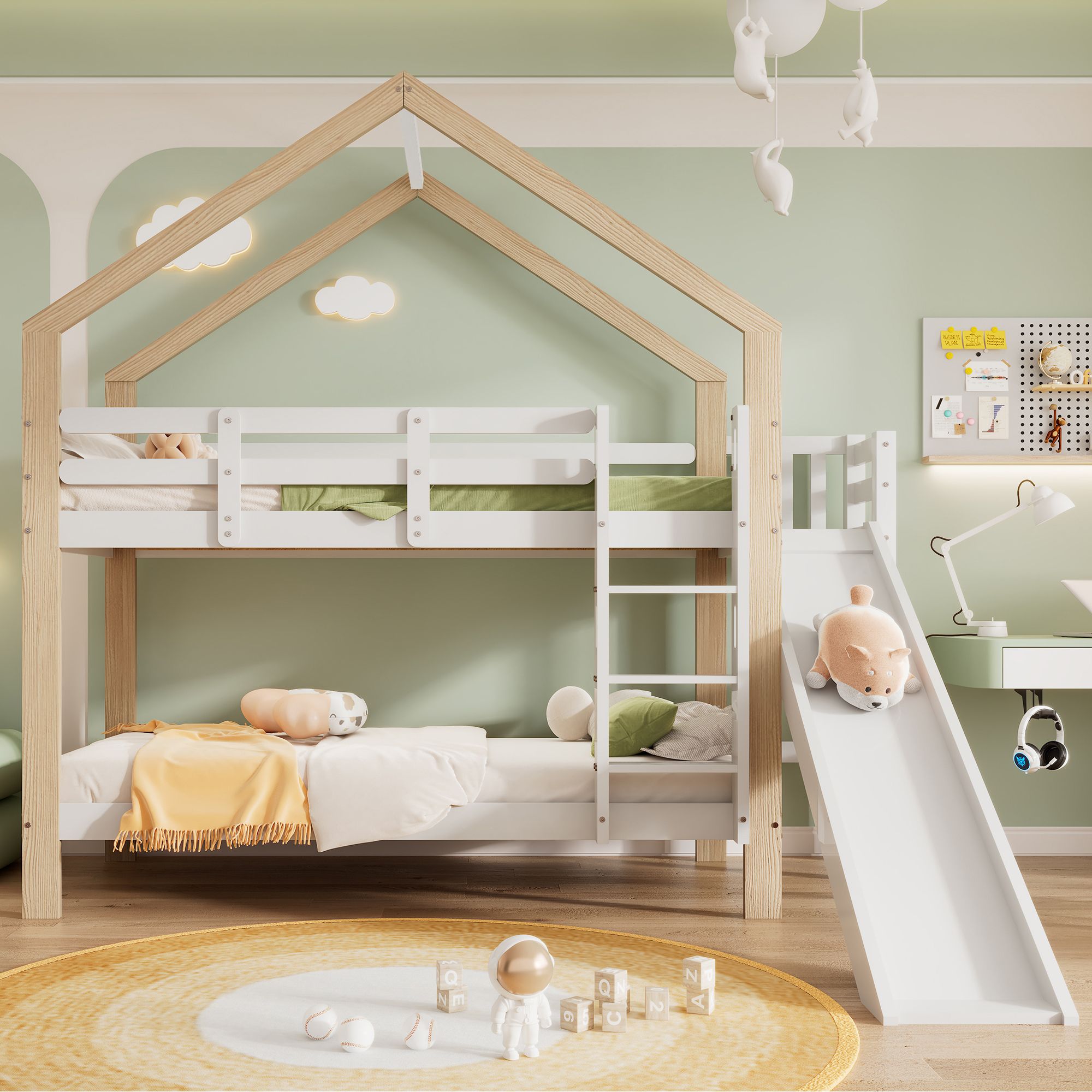 Flieks Etagenbett mit Rausfallschutz, Kinderbett mit Rutsche und Leiter, Hochbett mit Lattenrost, Hausbett Massivholzbett Stockbett 90x200cm, Weiß
