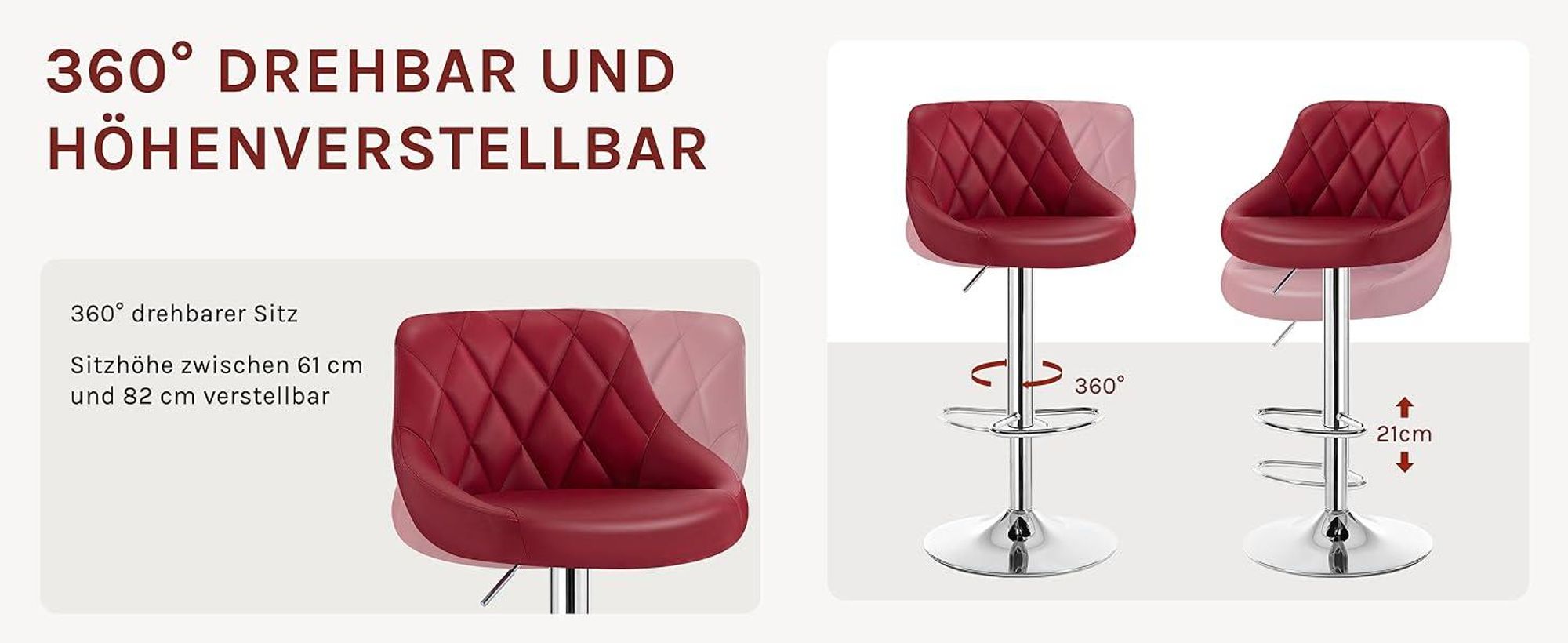 WOLTU 2er Set Barhocker Barstuhl leichte reinige Kunstleder, Gute gepolsterte Sitzfläche, Höhenverstellbar 360° Drehbar, Farbwahl, Bordeaux