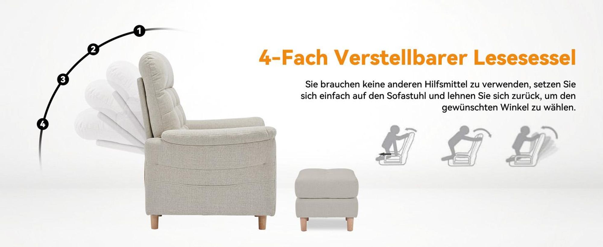 COMHOMA Relaxsessel Fernsehsessel mit Verstellbarer Rückenlehne 4-Gang-Verstellung bis 160°,Federkissen mit Hocker Einzelliege Sessel Wohnzimmer Beige