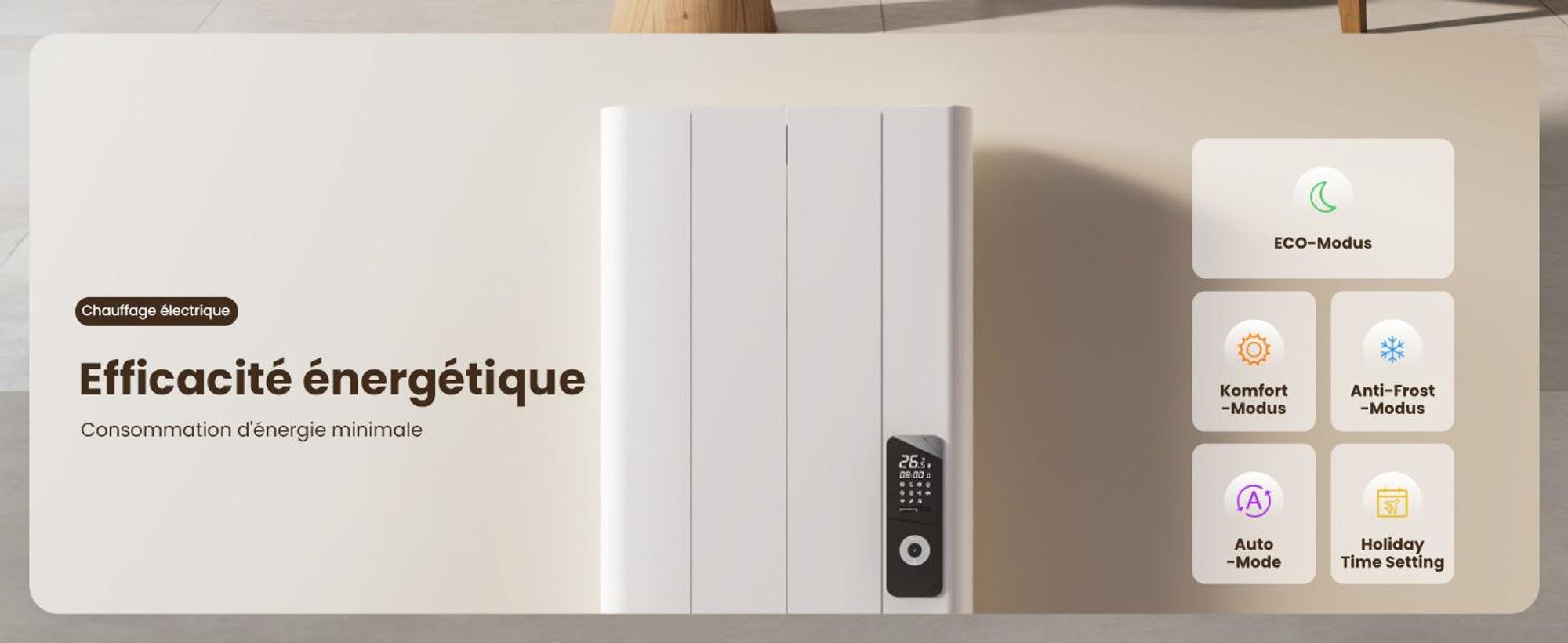 EMKE® Chauffage électrique 1000W Ecran LCD Blanc Convecteur électrique 1600x362x60mm WiFi + Alexa/Google Home, Montage mural Radiateur électrique pour pièce de 9m