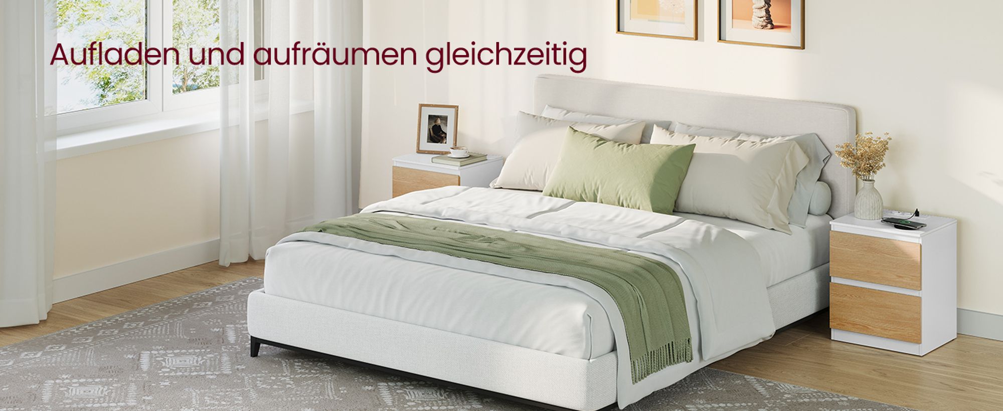 VASAGLE Nachttisch mit Steckdosenleiste, 2er Set, Beistelltisch modern