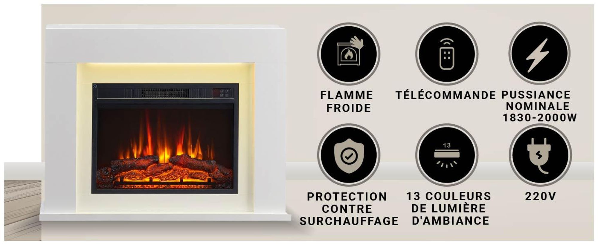 Cheminée électrique sur pied BALDERIA Finn Design – Puissance de chauffage jusqu'à 2 000 W, blanche