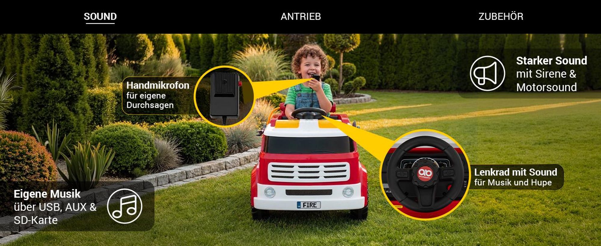 Actionbikes Motors Feuerwehrauto | Kinderauto - Elektroauto - Elektrofahrzeug -  2,4 Ghz Fernbedienung - Hupe, Motor- & Sirenen Sound - ab 3 Jahre