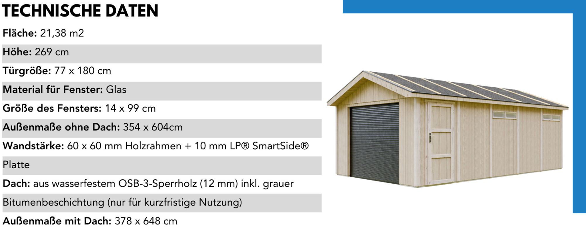 Garage  21 m²- L378xB648 cm- Garage für Autos, Motorräder, Fahrräder - Konstruktion aus LP Smartside-Panels - Timbela M992B