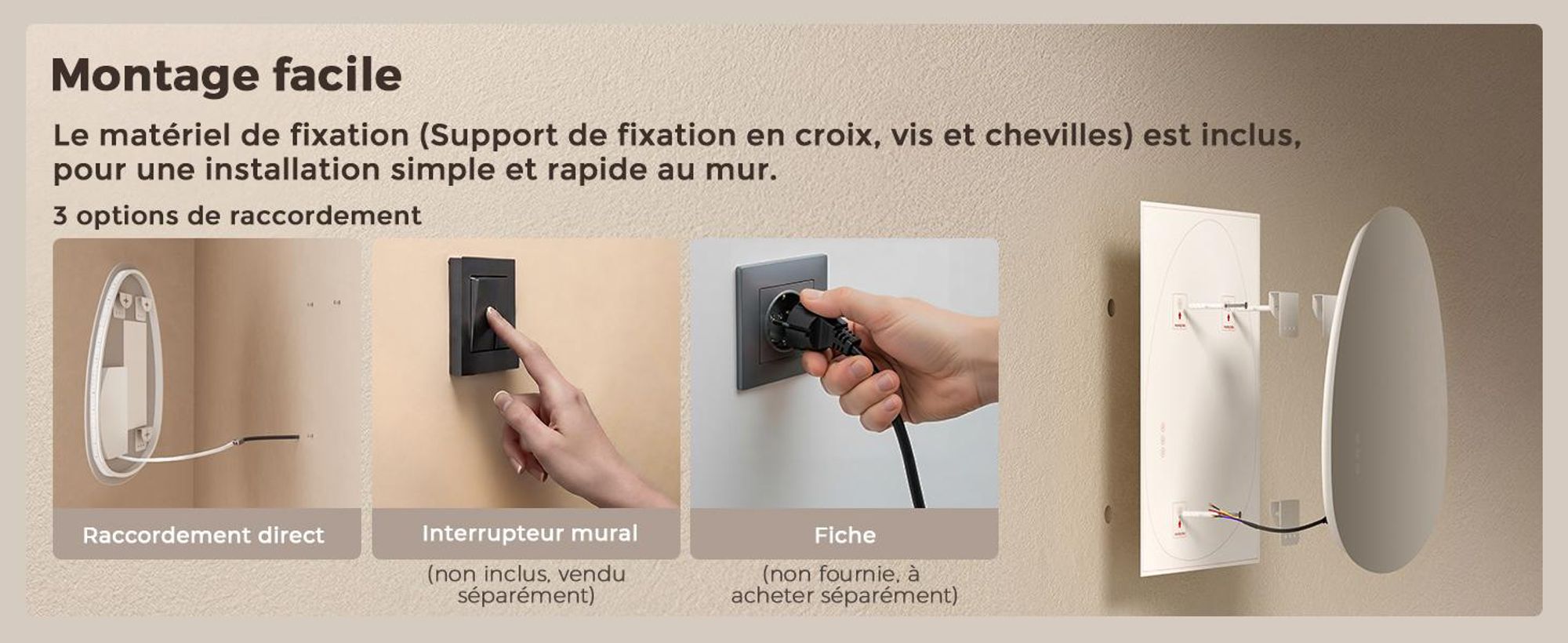 S'AFIELINA Miroir de salle de bain 60×45cm Miroir lumineux LED, 3 couleurs de lumière réglable, Interrupteur tactile, anti-buée et fonction mémoire