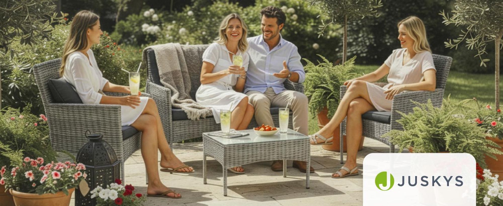 Juskys Polyrattan Gartenmöbel-Set Fort Myers - Tisch, Sofa & 2 Stühle - Schwarz Grau